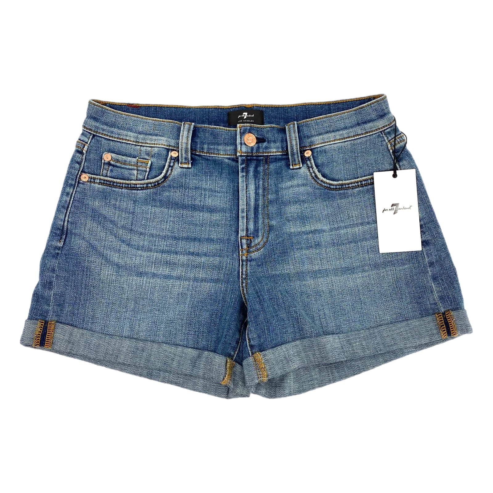 7 For All Mankind Blue Light Wash Mid Roll Denim Shorts