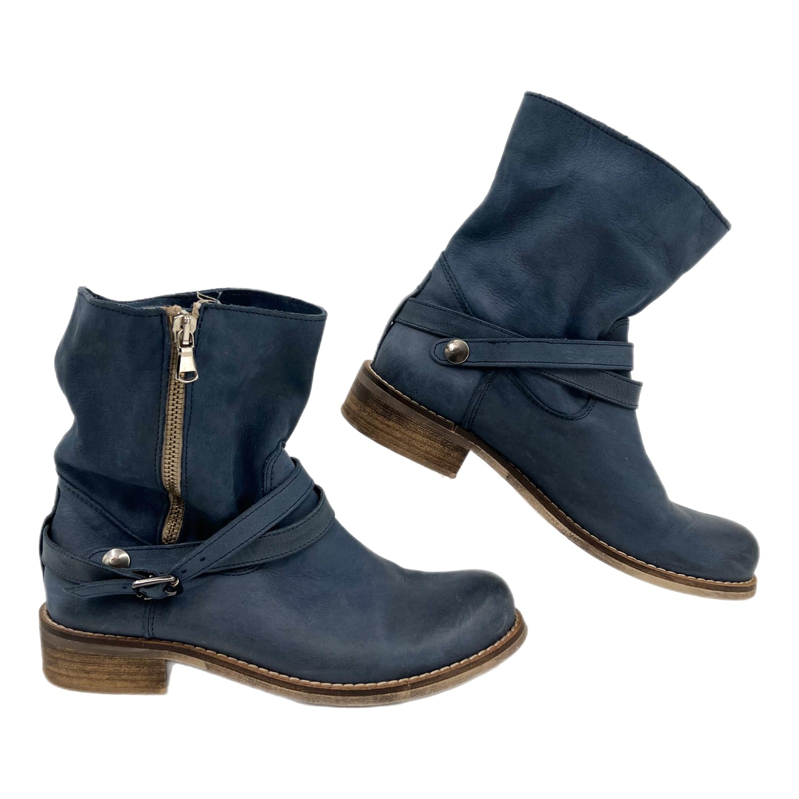 Vera Pelle Blue Leather Zipper Buckle Ankle Boots
