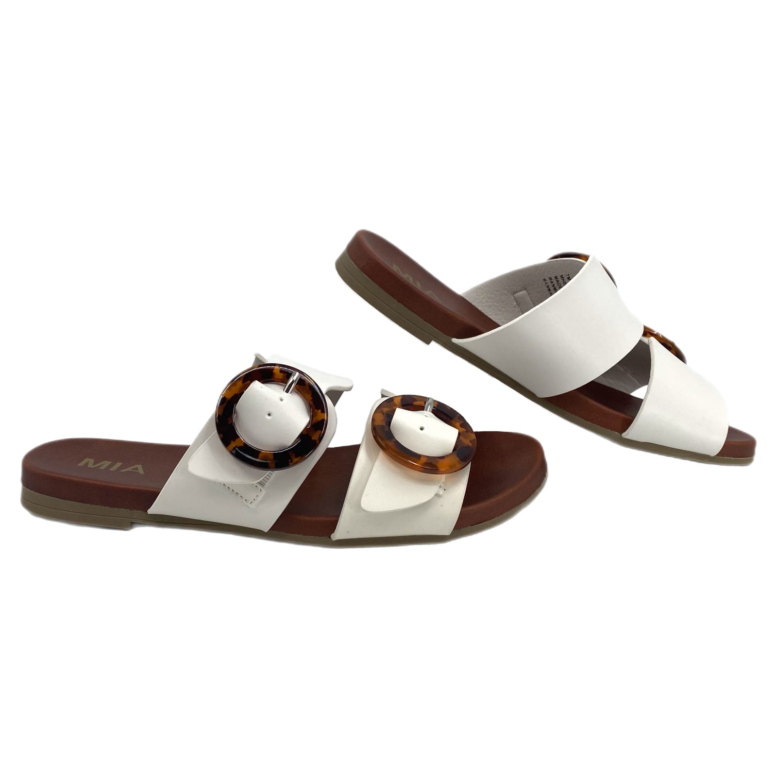 MIA White Brown Buckle Accent Slide Sandals