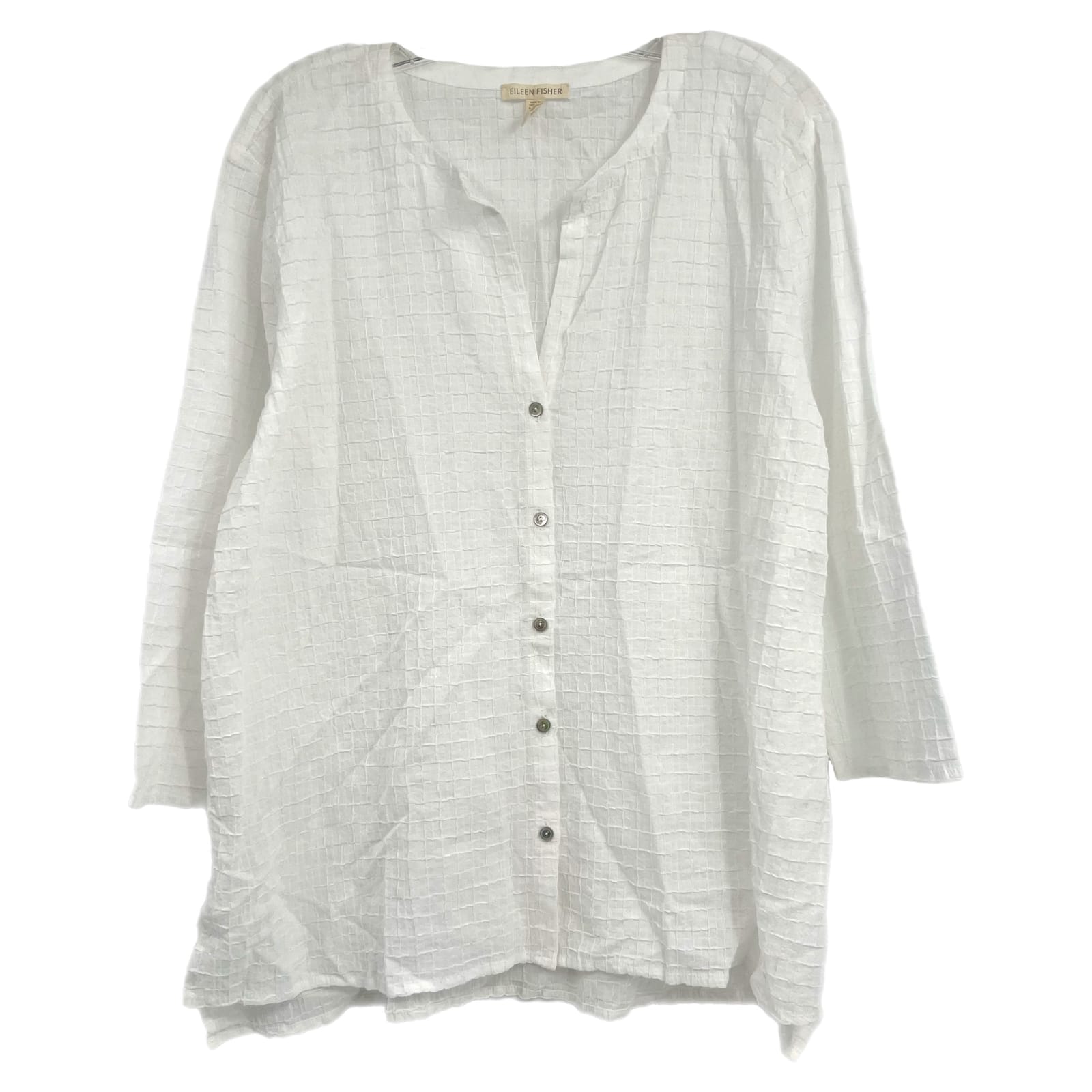 Eileen Fisher White Crinkle Button-Up Blouse
