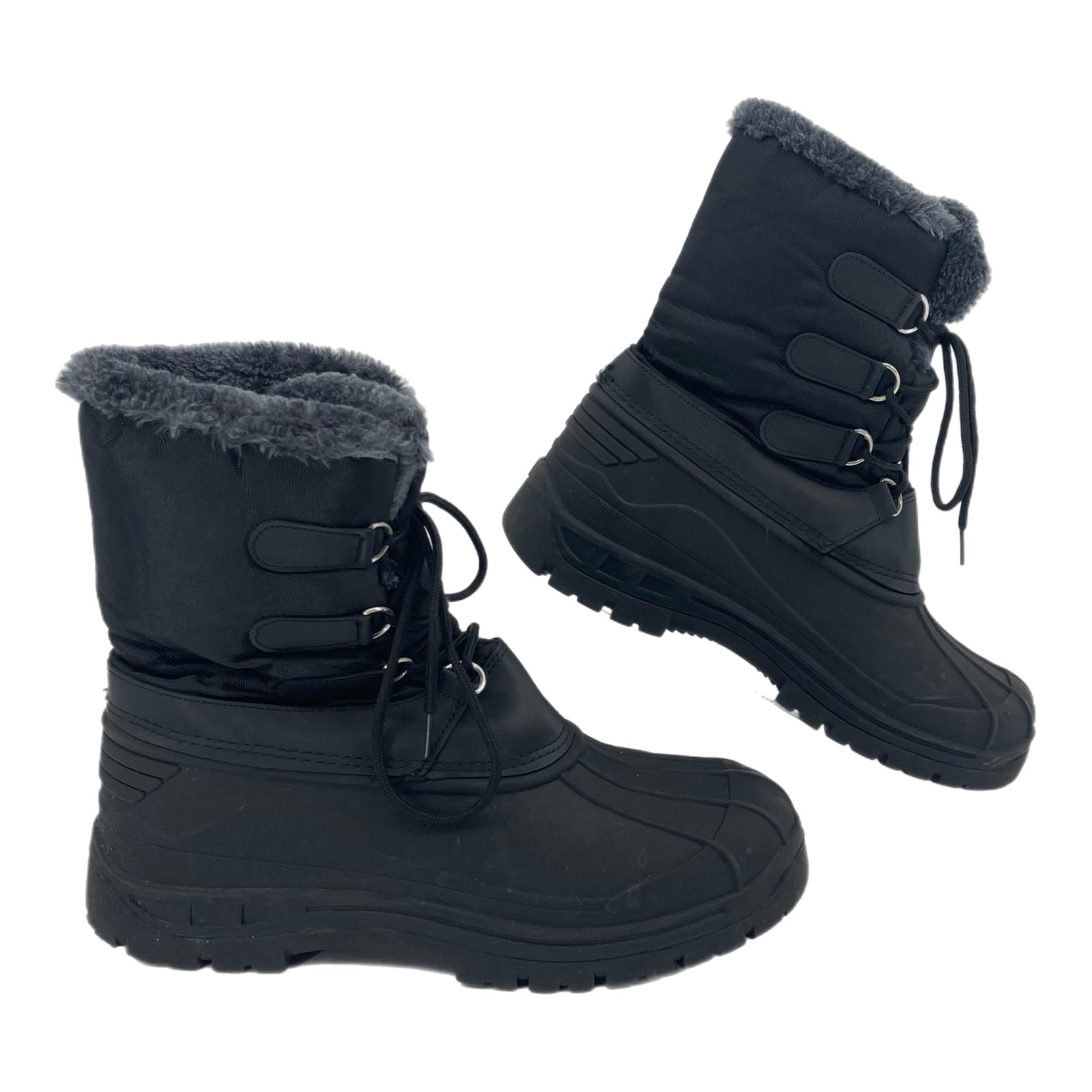 Classic Black & Gray Fur Trim Lace-Up Winter & Rain Boots