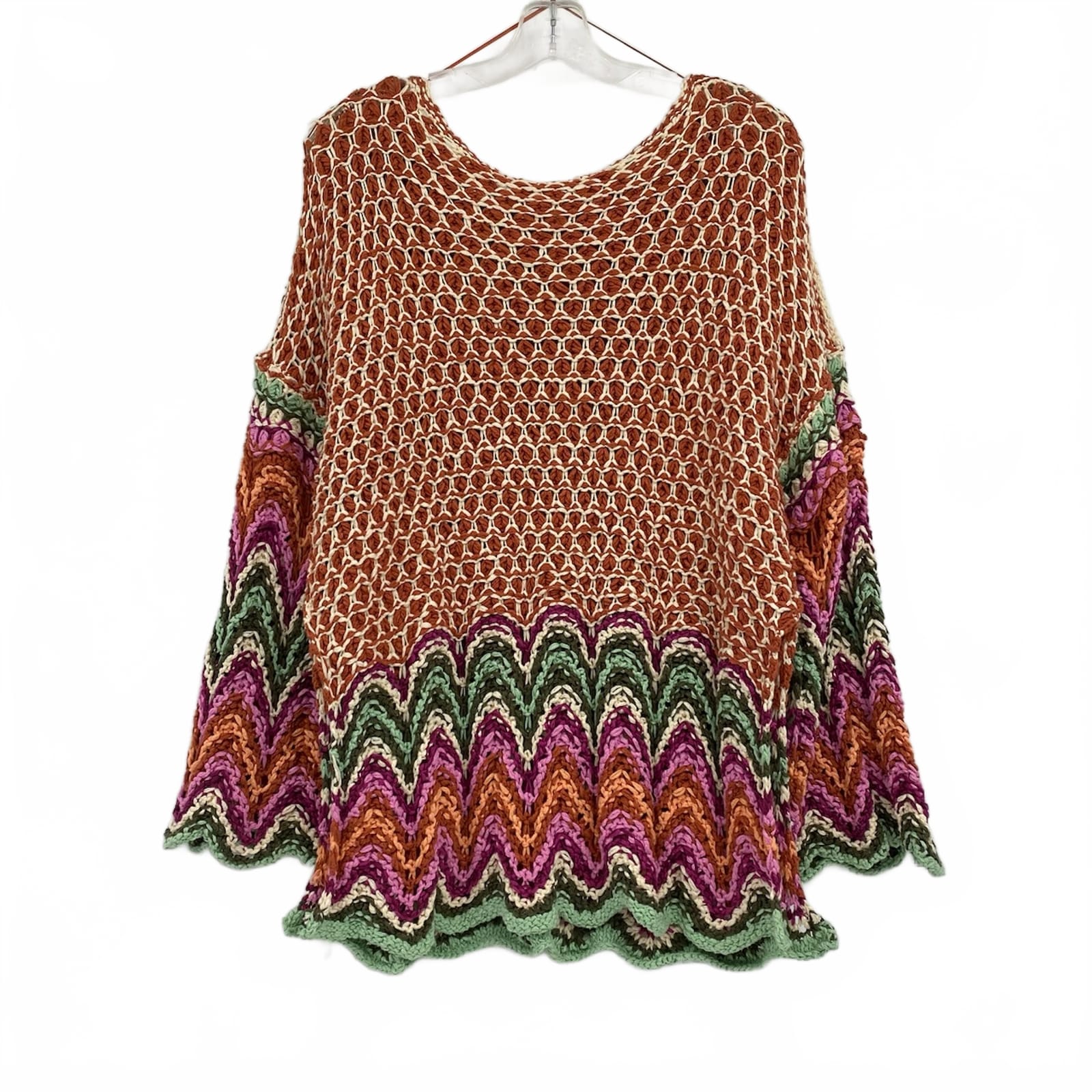 Free People Orange Green Loose Knit Boat Neck Sweater