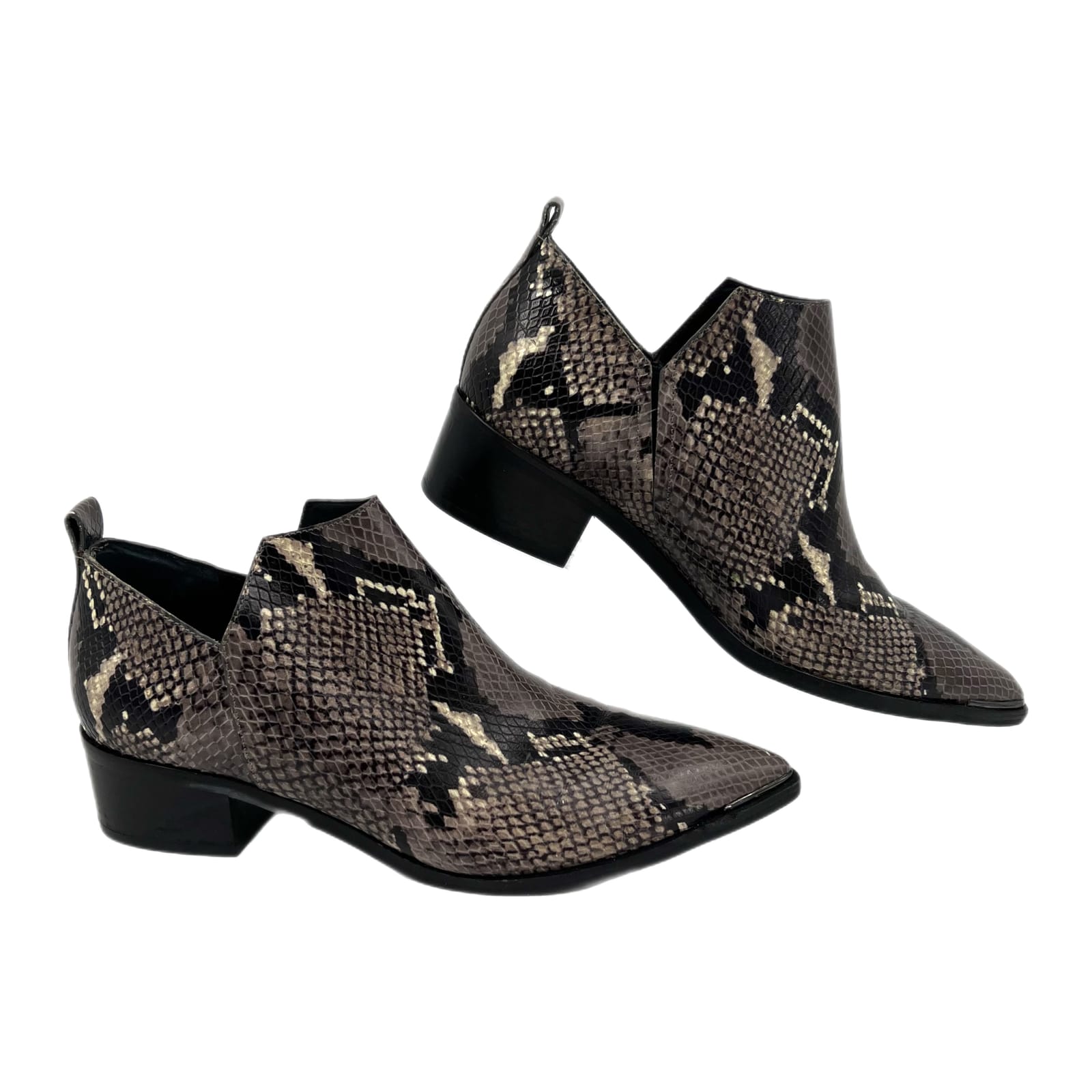 Marc Fisher Gray Black Snake Print Pointed Toe Booties