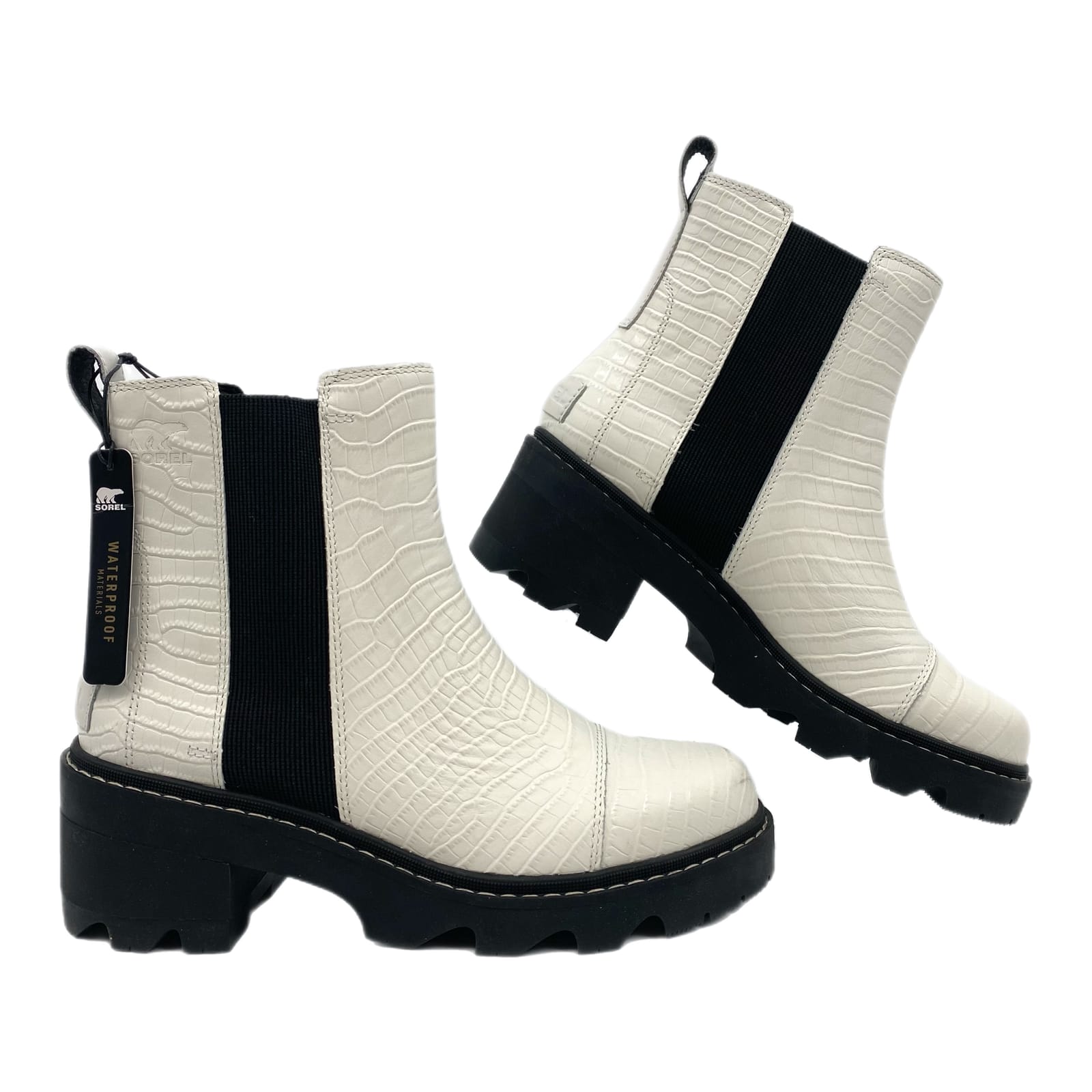 Sorel White Black Croc Embossed Ankle Boots