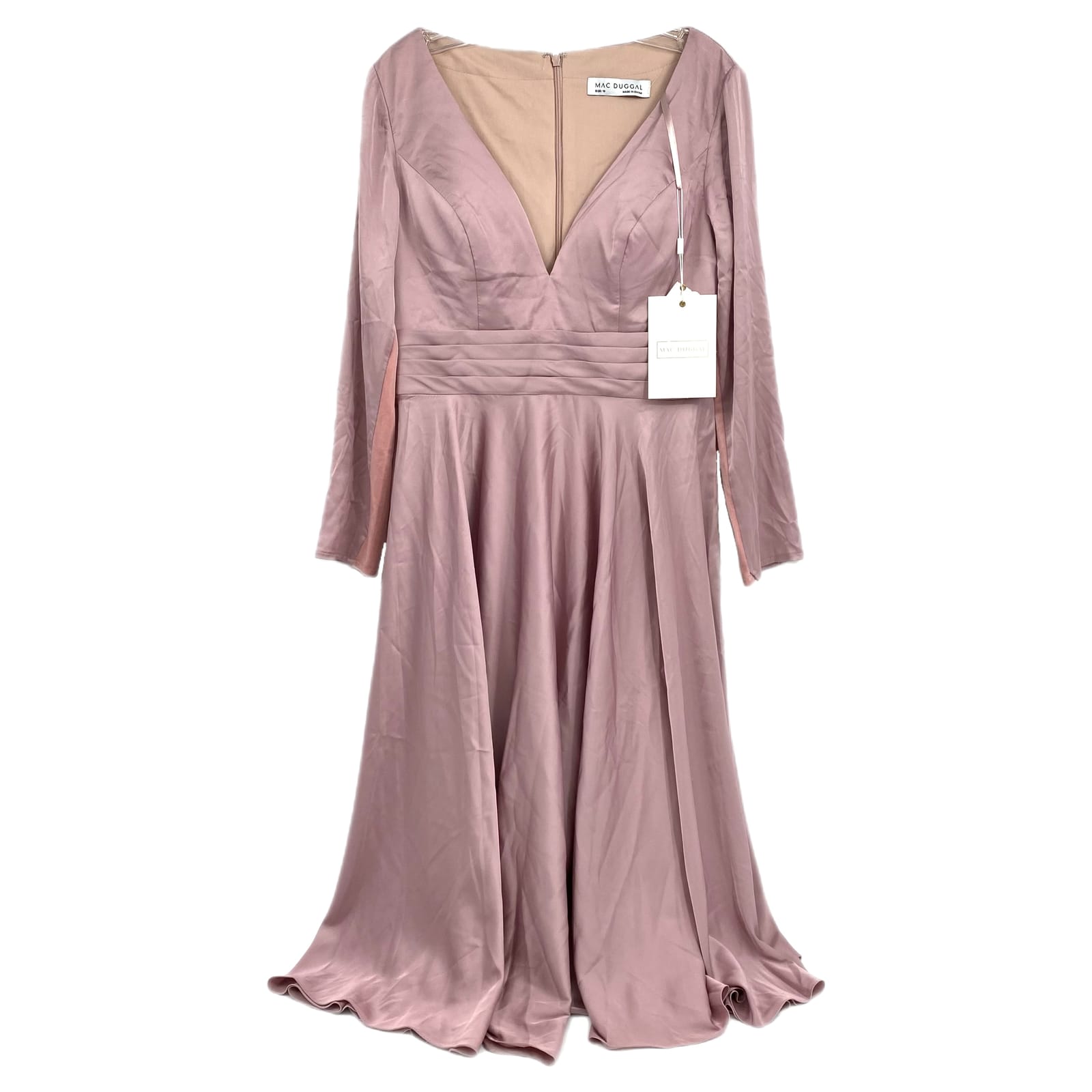 Mac Duggal Pink Satin V-Neck Midi Dress