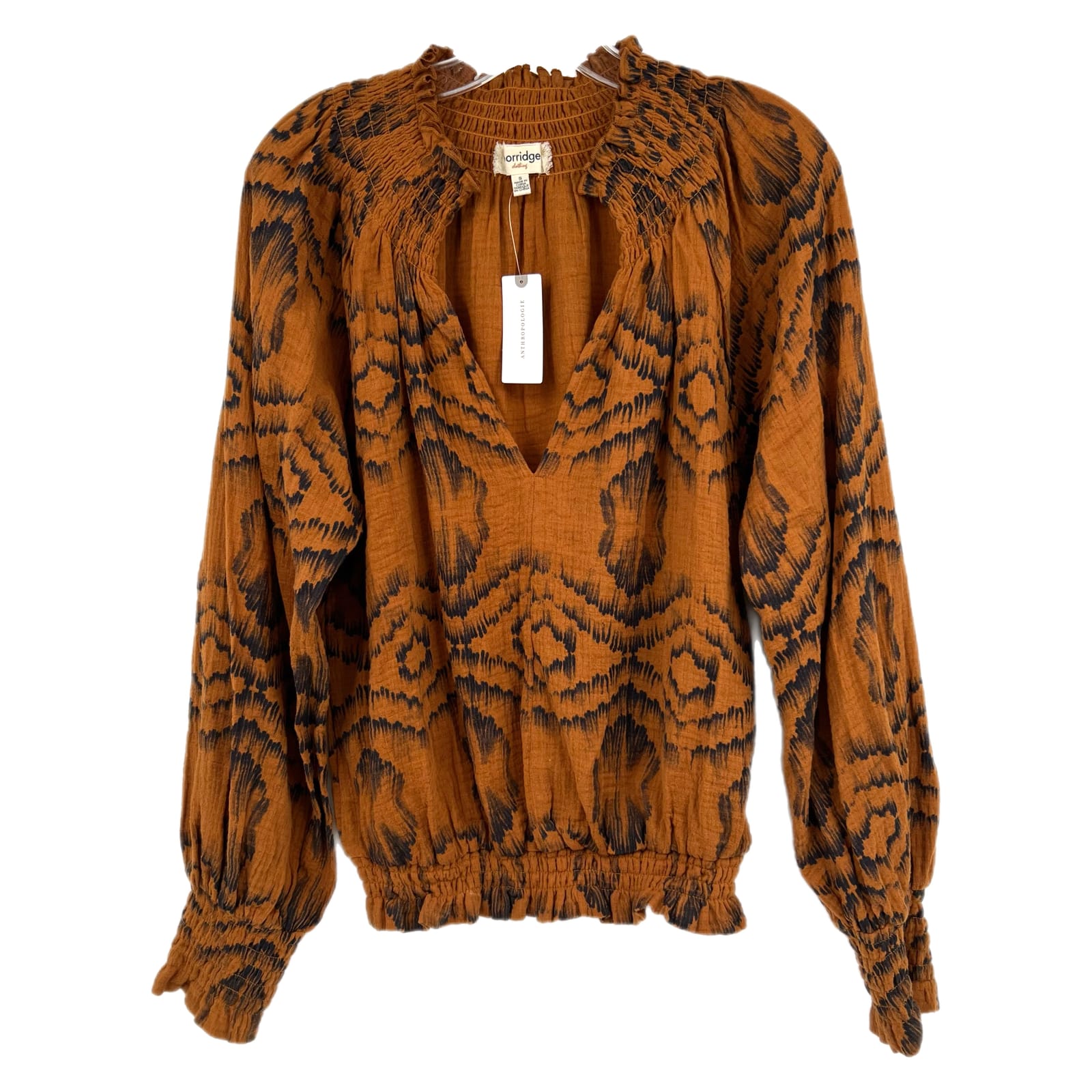 Anthropologie Orange Black Ruched Puff Sleeve Blouse