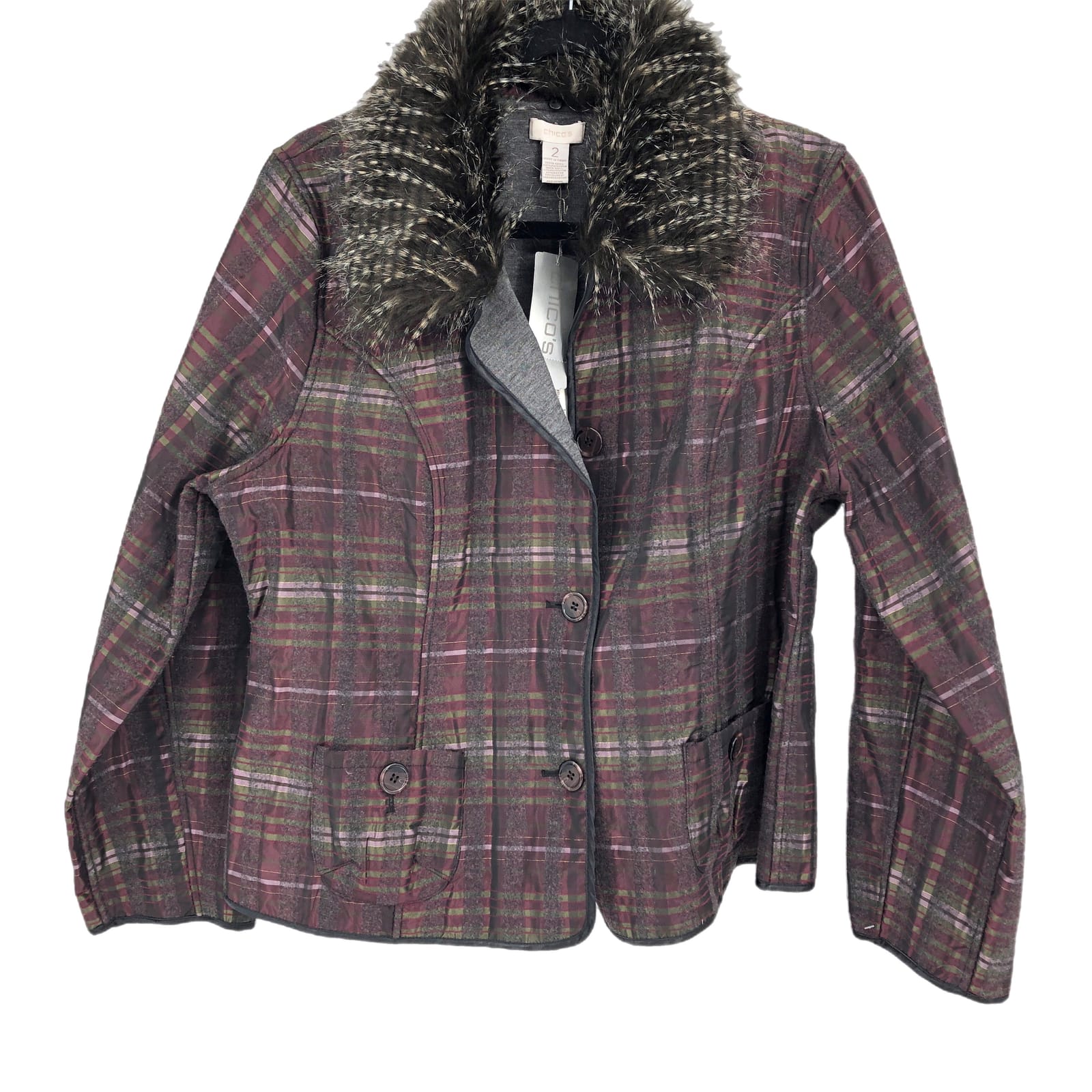 Chico's Red/Green Plaid Basic Jacket