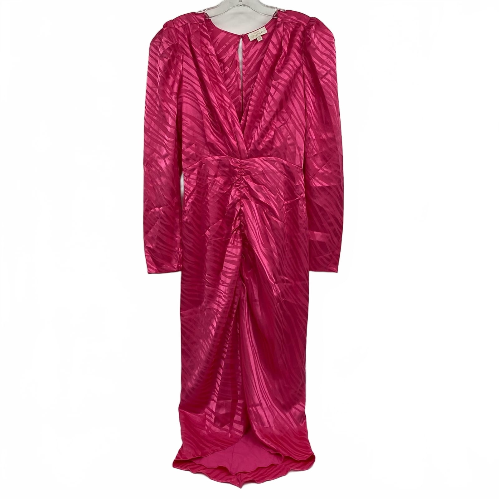 Ronny Kobo Pink Satin Zebra Print V-Neck Midi Dress