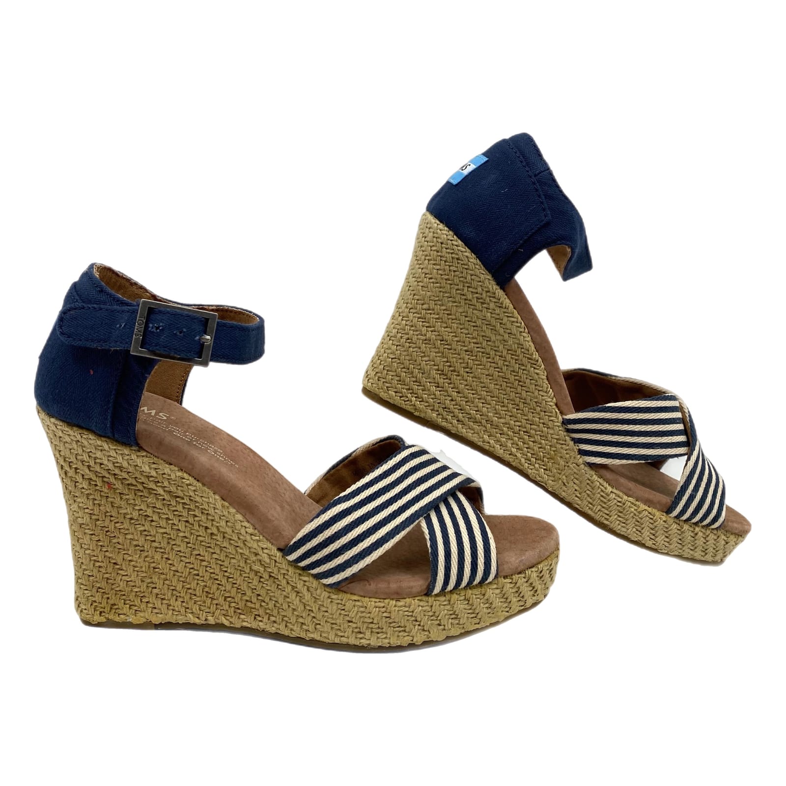 Toms Blue Striped Open Toe Wedges