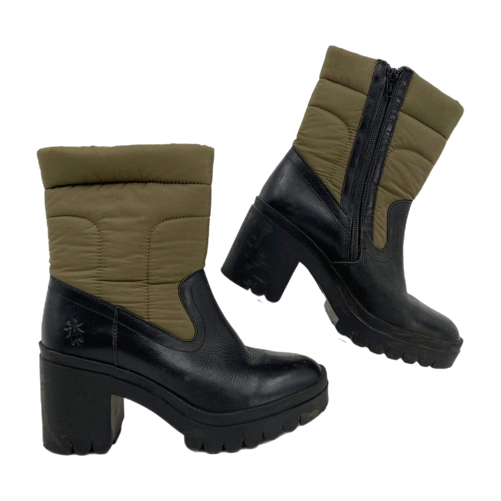 Fly London Green Block Heel Leather Puffer Top Heeled Boots