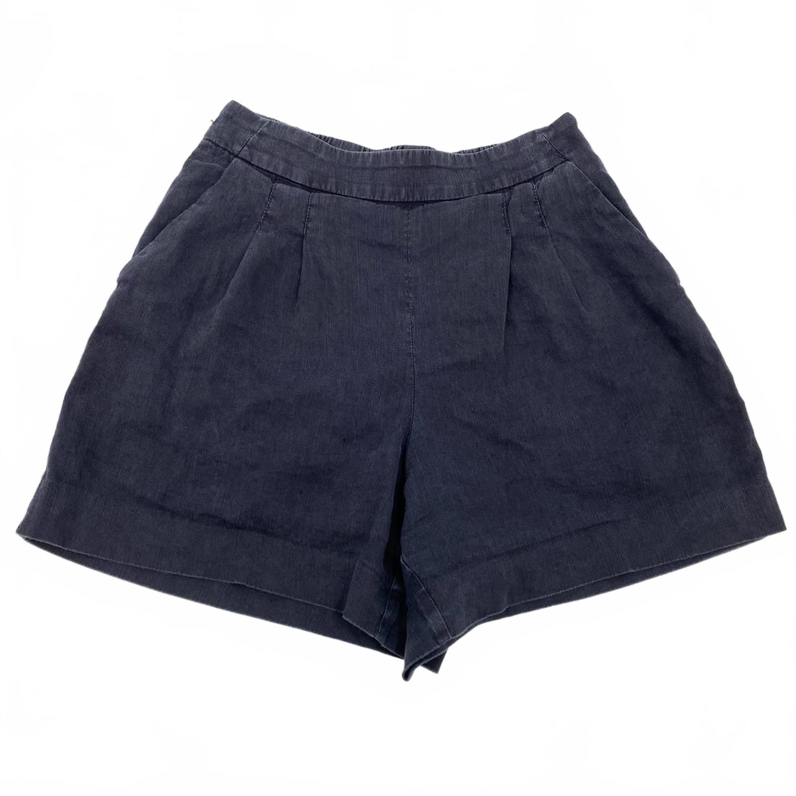 Cuyana Navy Blue Pleated High-Waisted Shorts