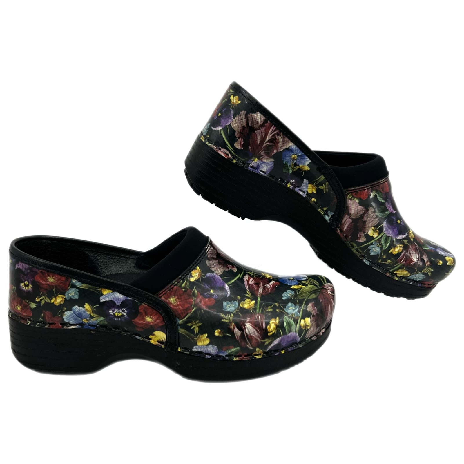 Abeo Black Slip-On Floral Print Leather Clogs