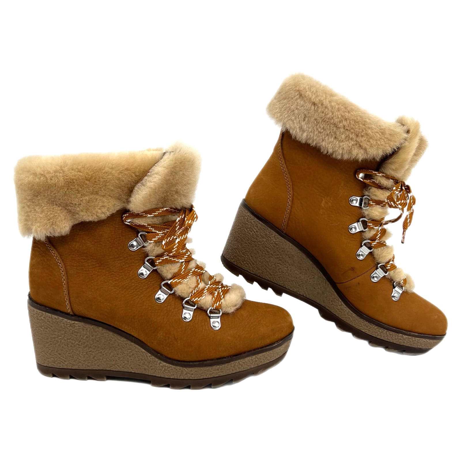 J. Crew Brown Fuzzy Wedge Lace Up Boots