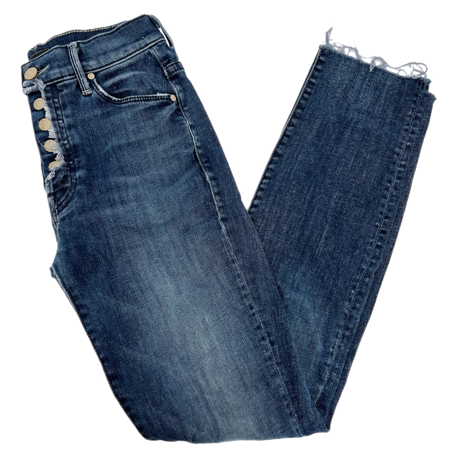 MOTHER Blue Dark Wash Fly Cut Fray Skinny Jeans