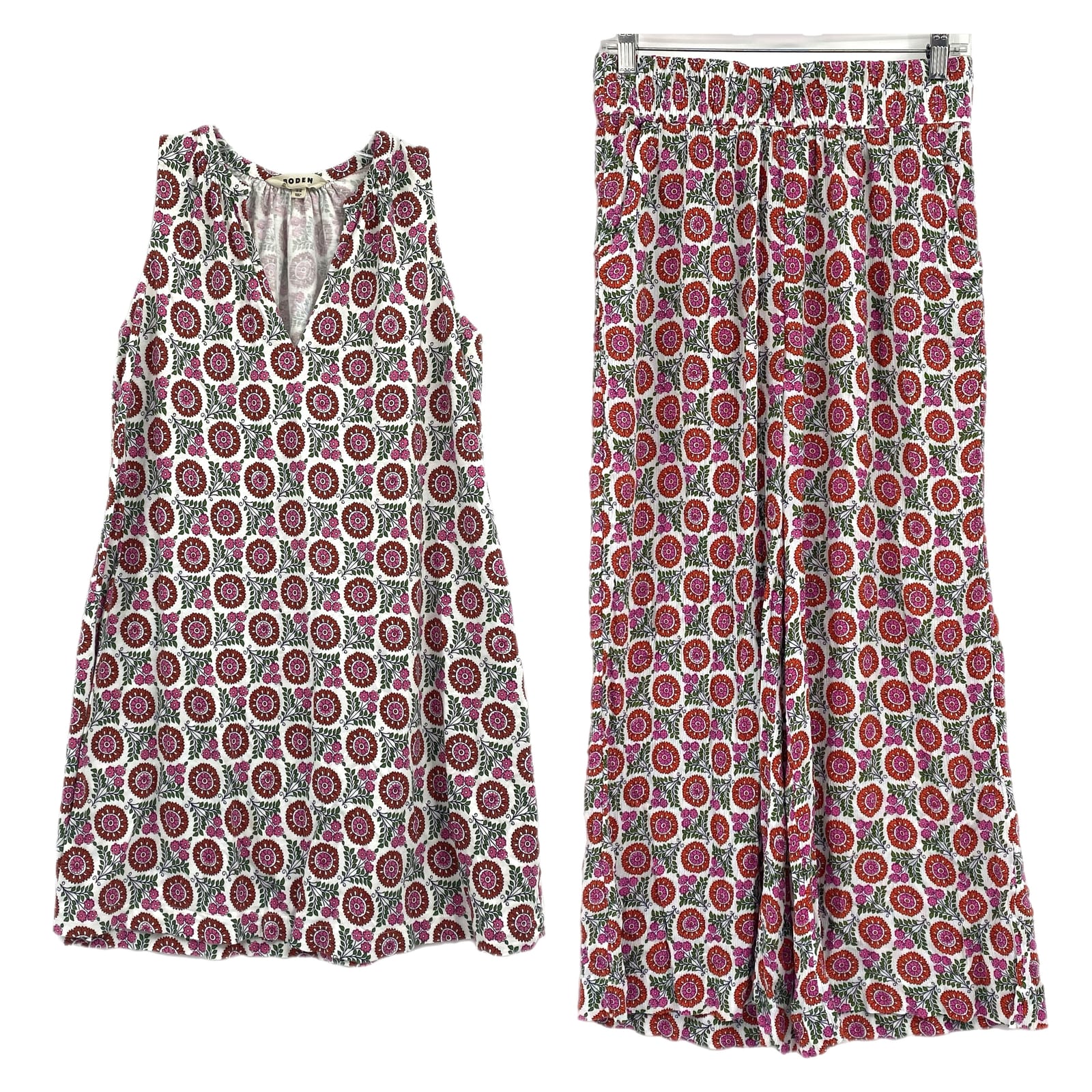 Boden White Pink Floral Wide Leg Pants and Tunic Set