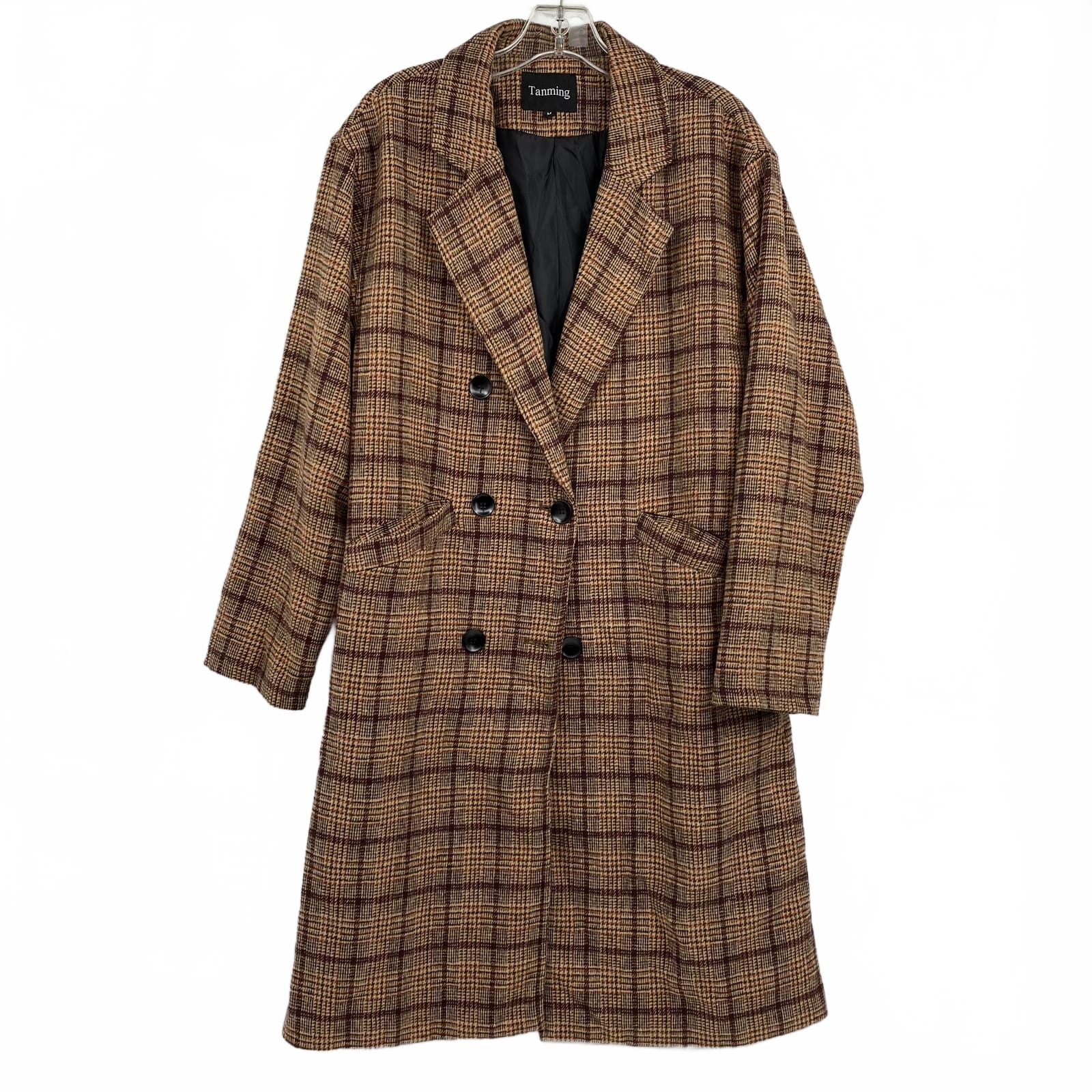 Tanming Brown Plaid Wool Trench Coat