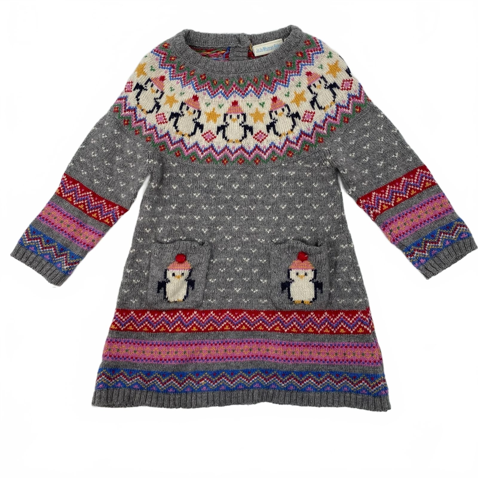 JoJo Maman Bebe Gray Pink Penguin Knit Mini Sweater Dress