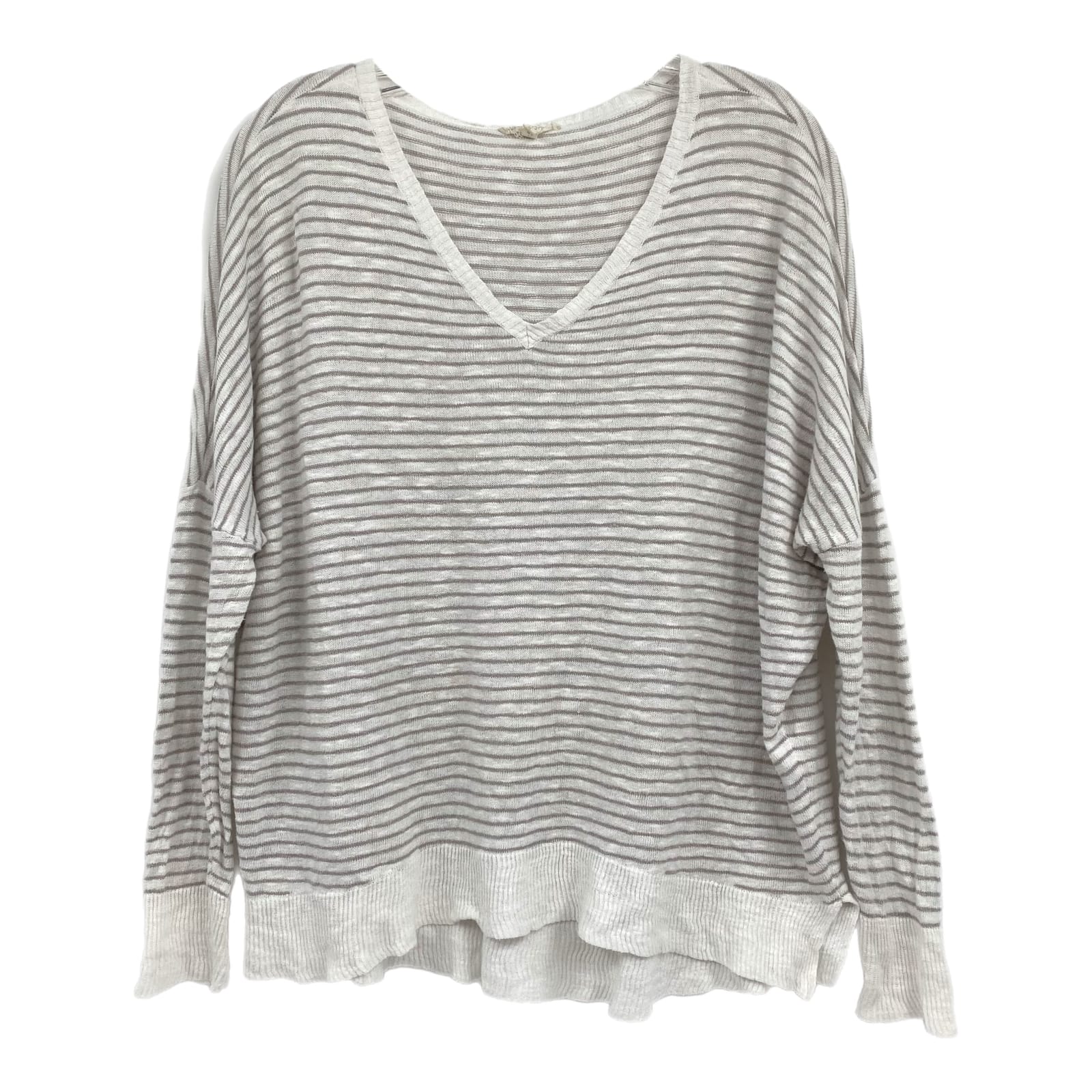 Eileen Fisher White Gray Striped V-Neck Sweater