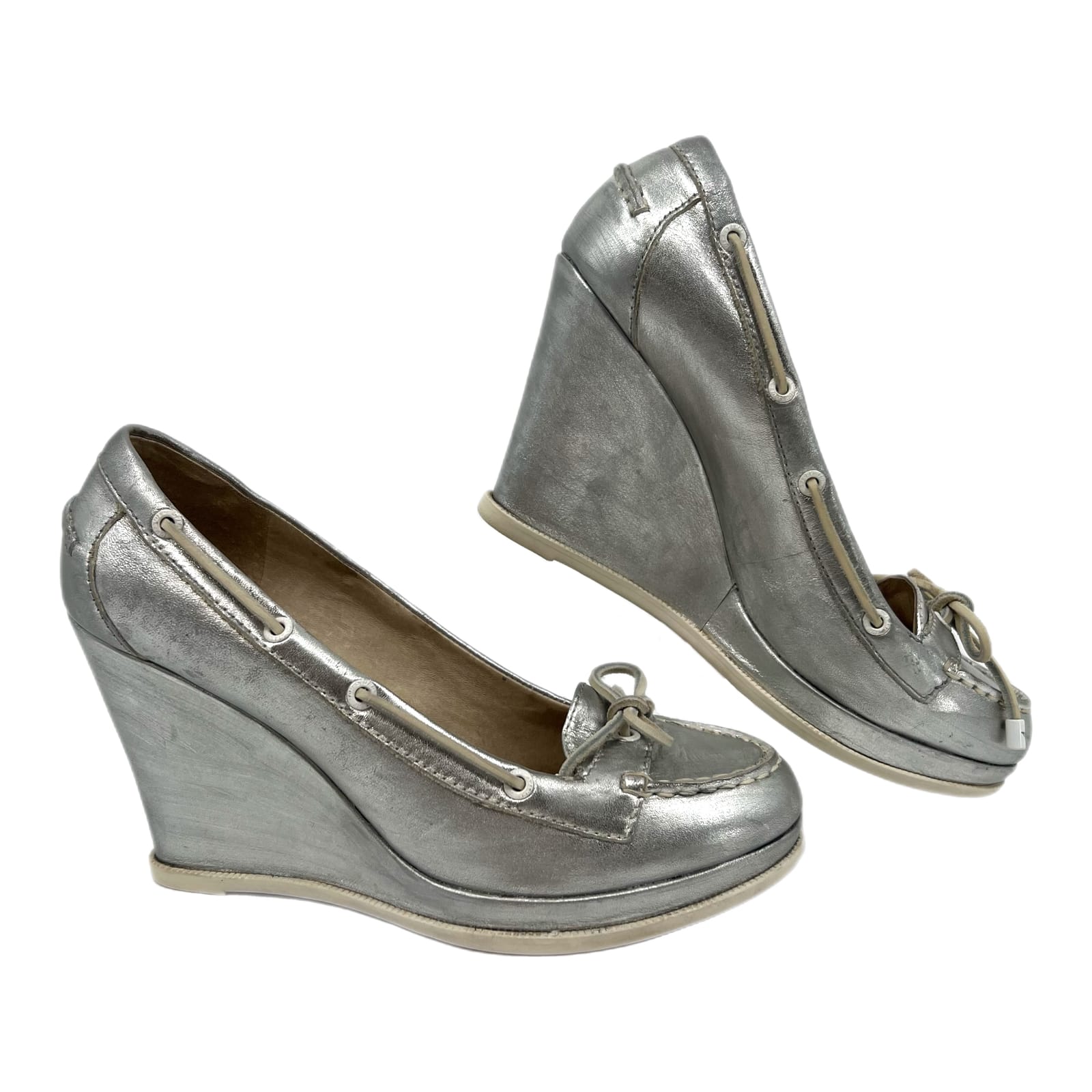Sperry Silver Leather Wedges