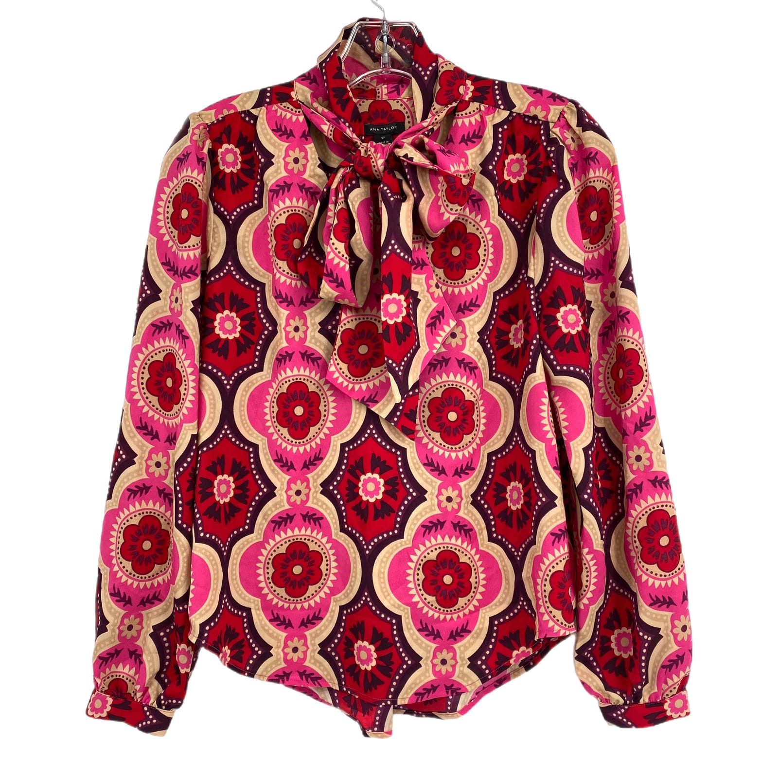 Ann Taylor Pink Red Puff Sleeve Tie Neck Blouse