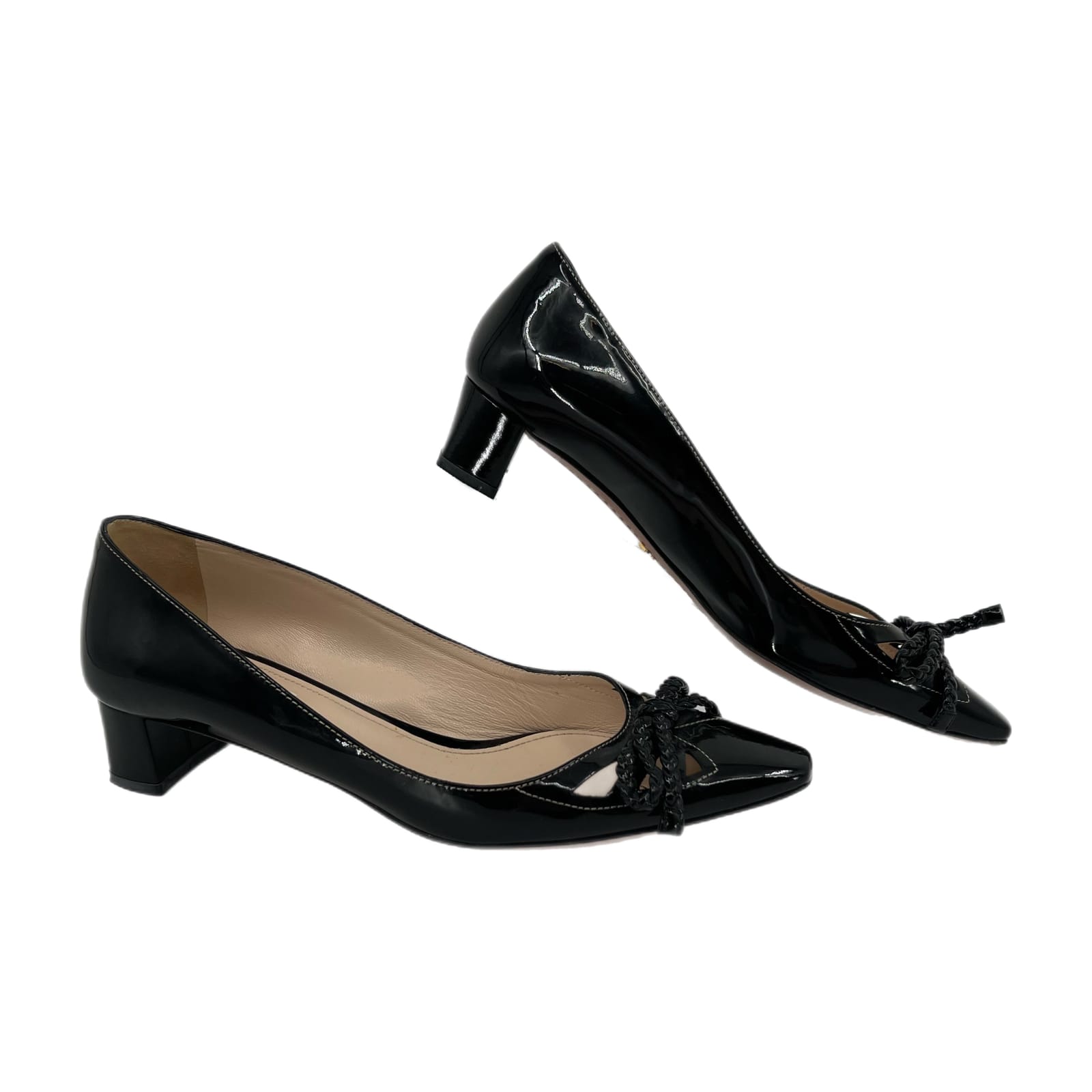 Prada Black Patent Leather Heels with Bow Accent