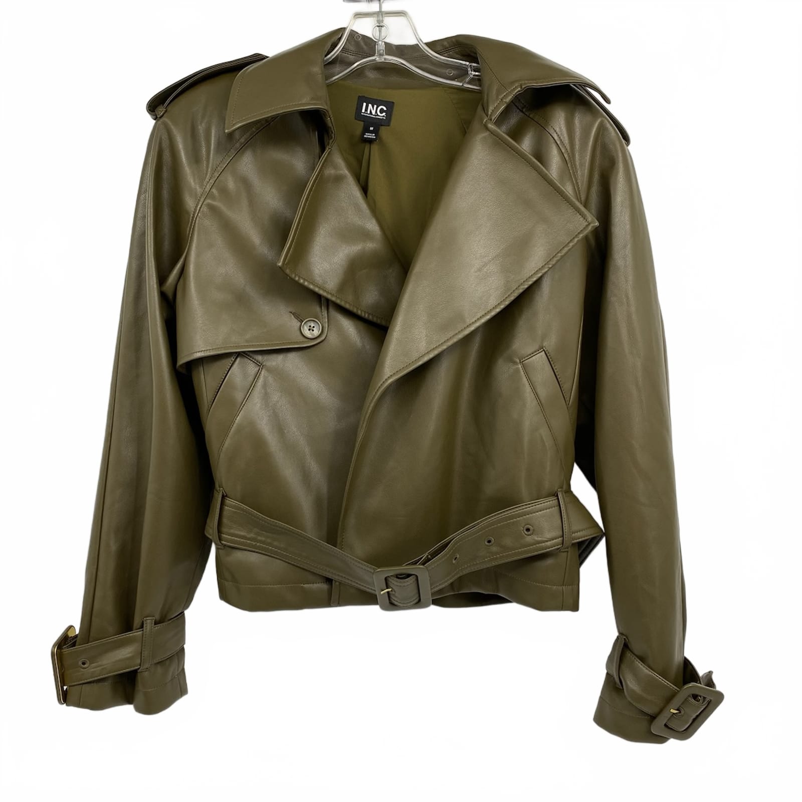 I.N.C Green Faux Leather Belted Moto Jacket