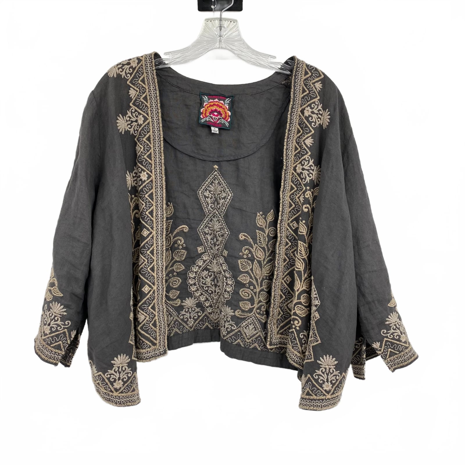 Johnny Was Gray Linen Embroidered Tunic Blouse