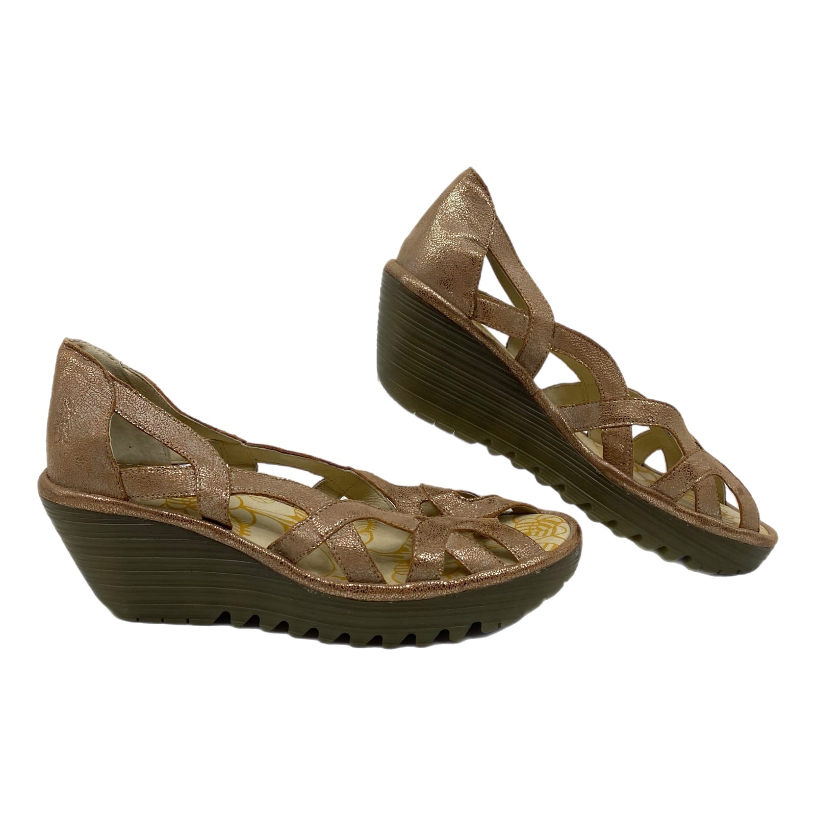 Fly London Tan Metallic Leather Wedge Sandals
