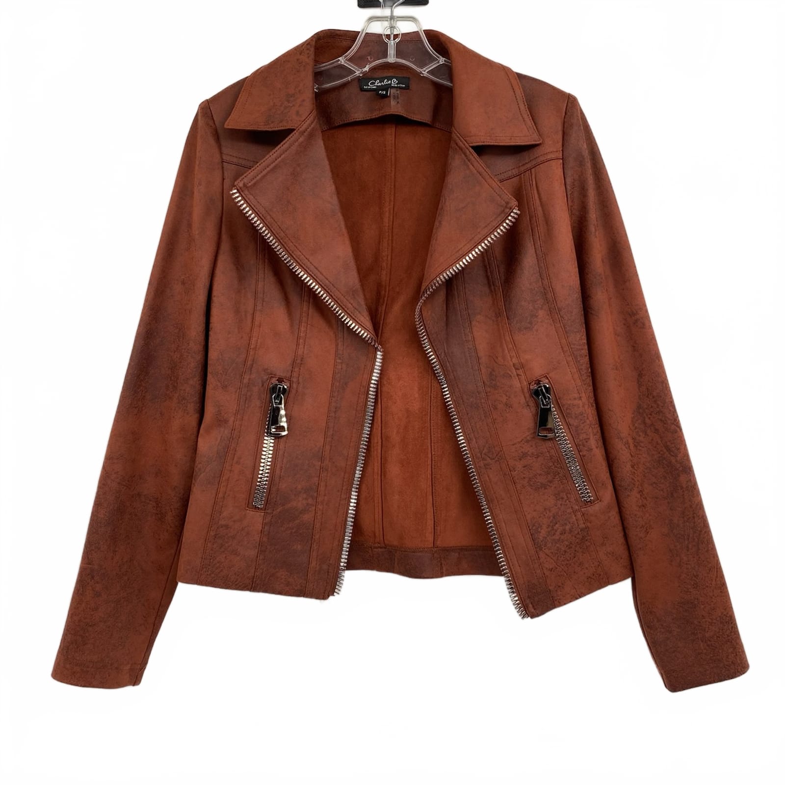 Charlie B Rust Brown Distressed Open Front Moto Jacket