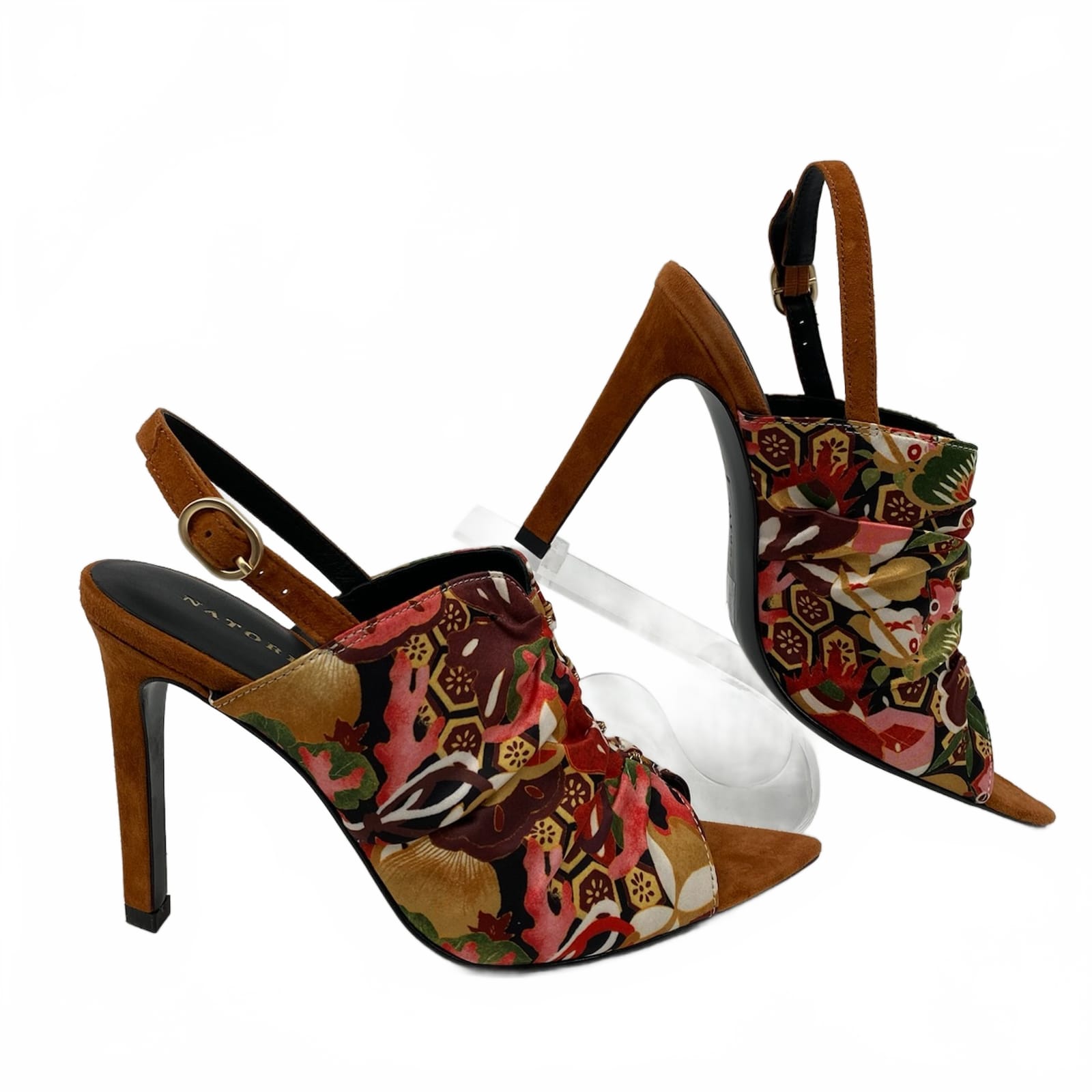 Natori Brown Red Slingback Peep Toe Heels