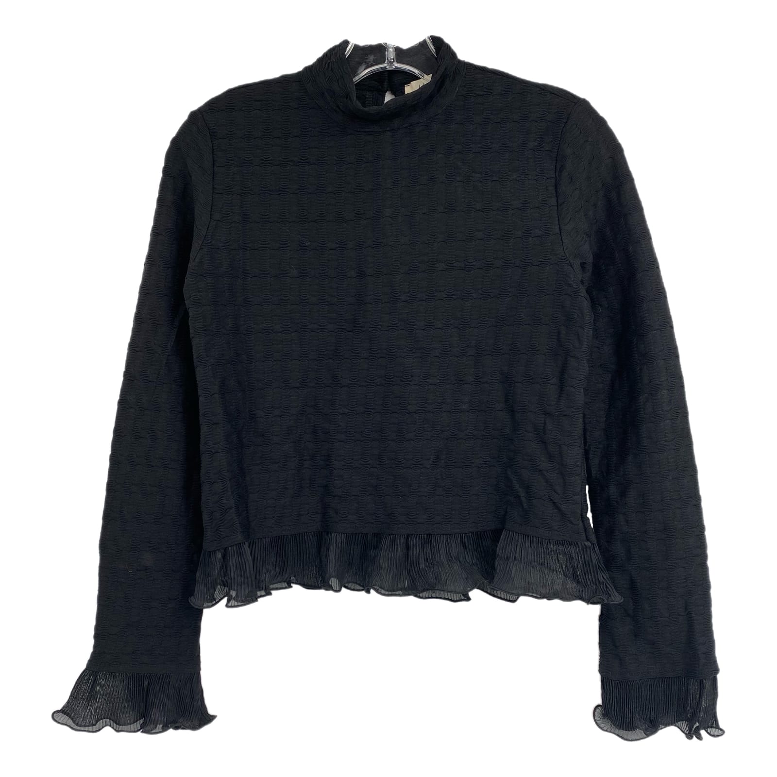 Blue Tassel Black Textured Ruffle Long Sleeve Blouse