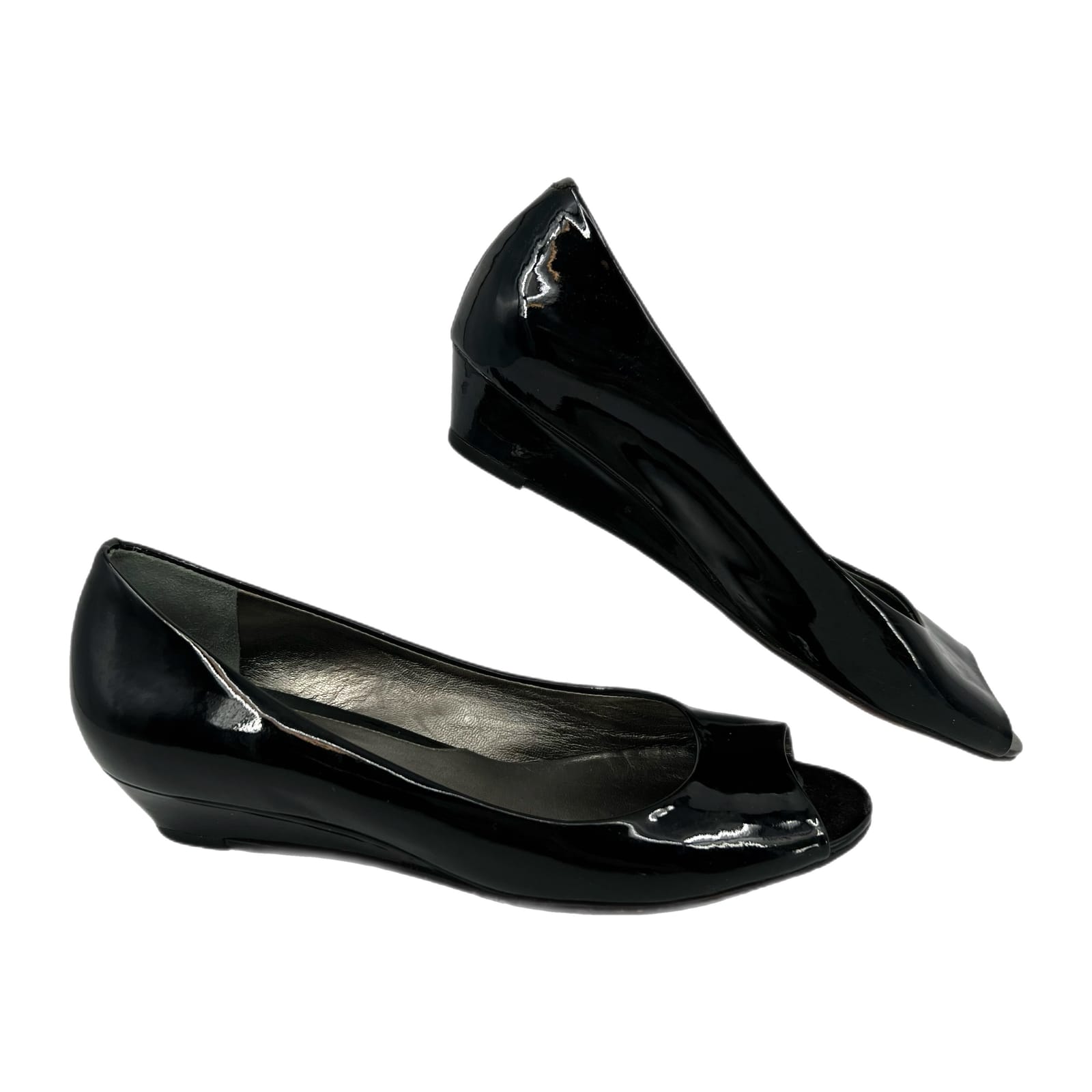Cole Haan Black Patent Leather Peep Toe Wedges