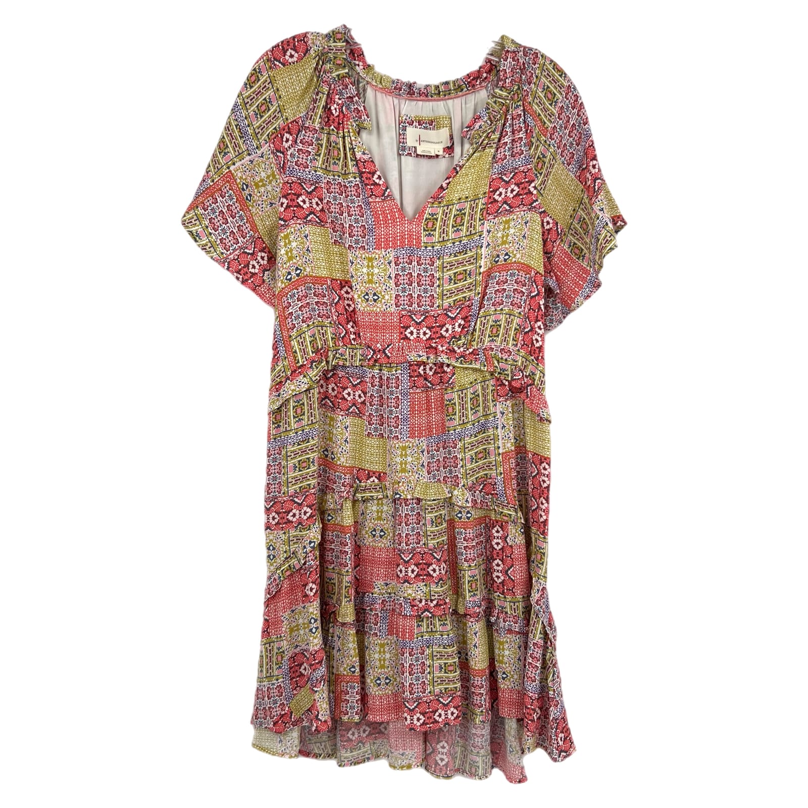 Anthropologie Pink Yellow Patchwork Tiered Mini Dress