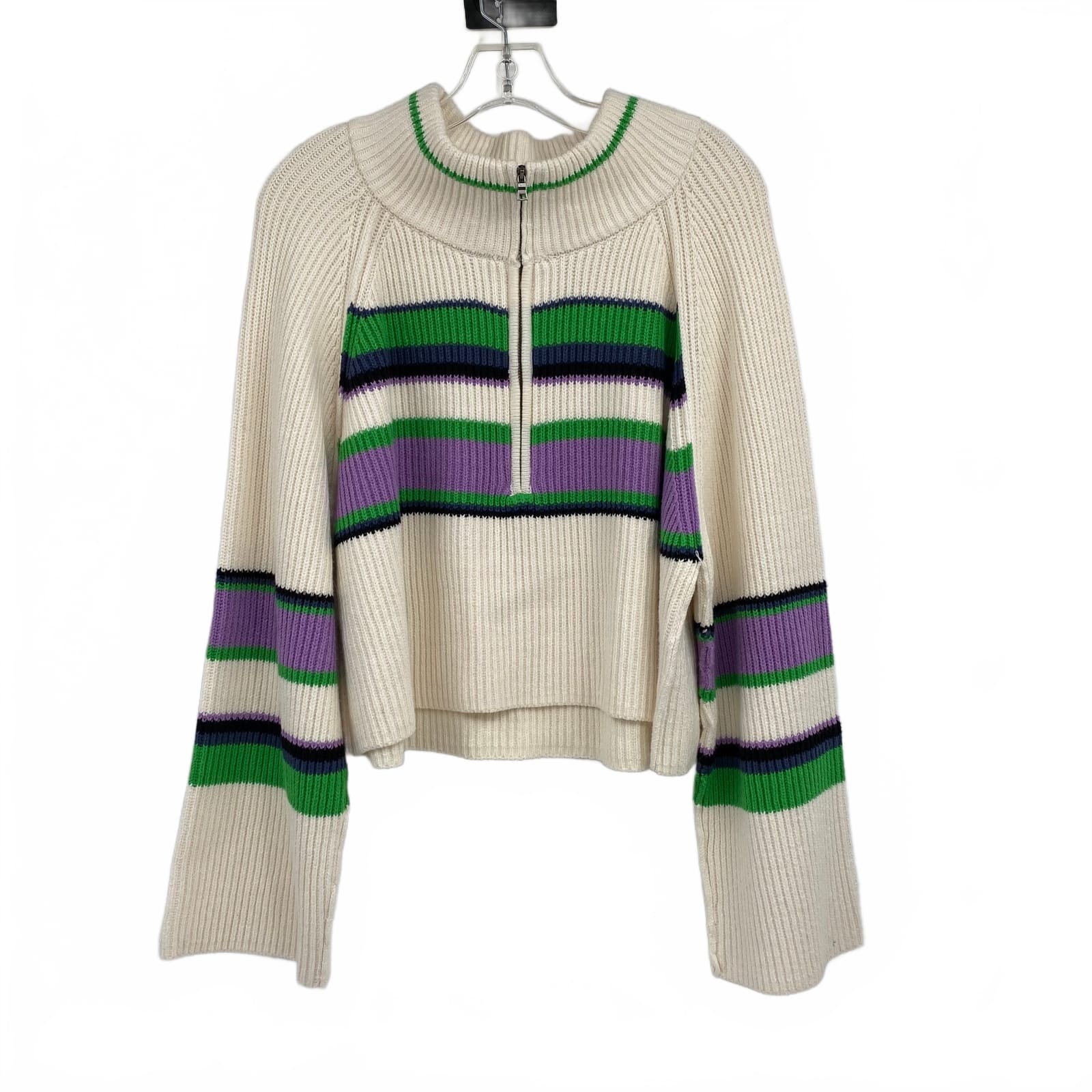 Free People White/Purple Stripe Cotton Blend Pullover