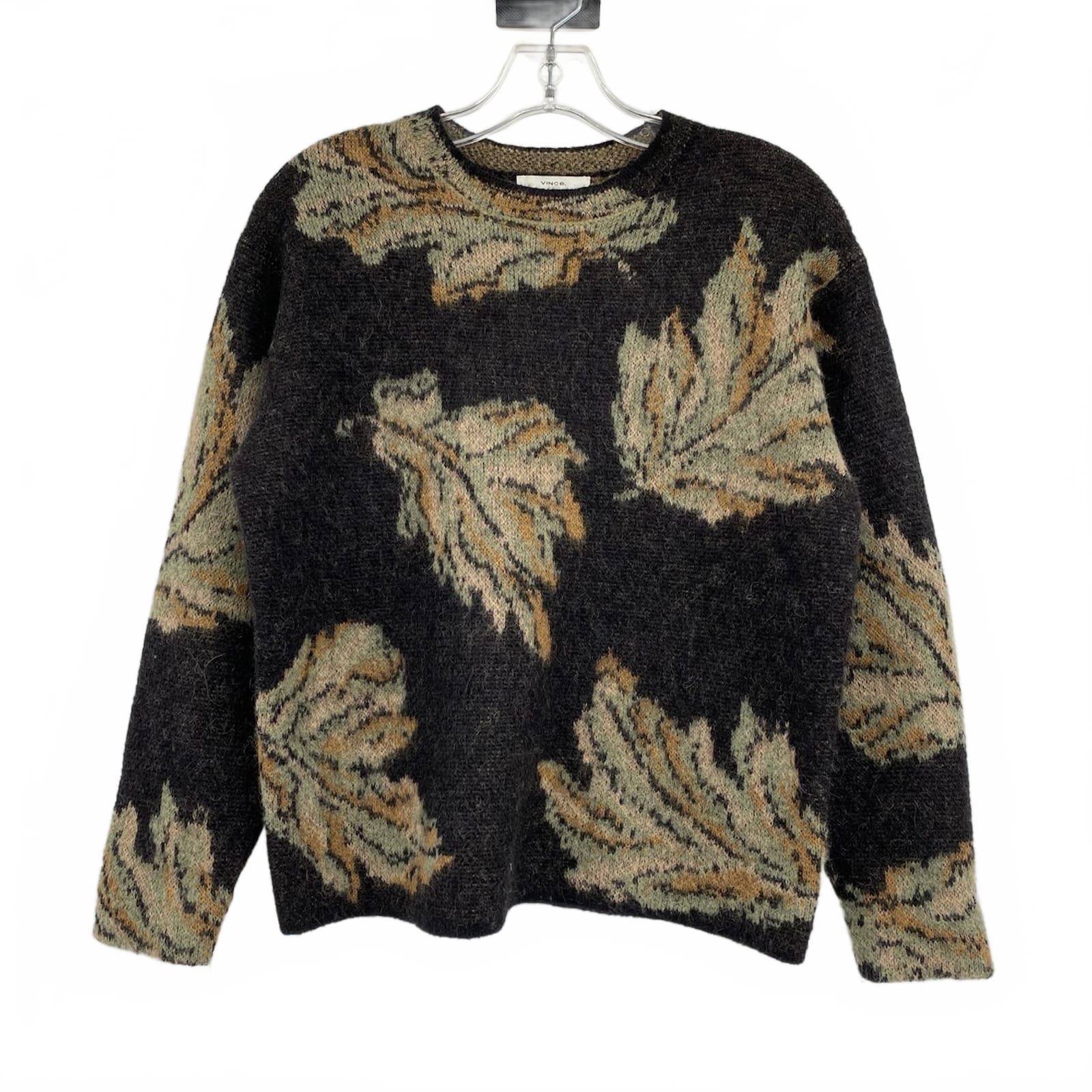 Vince Black Green Leaf Print Pullover Sweater