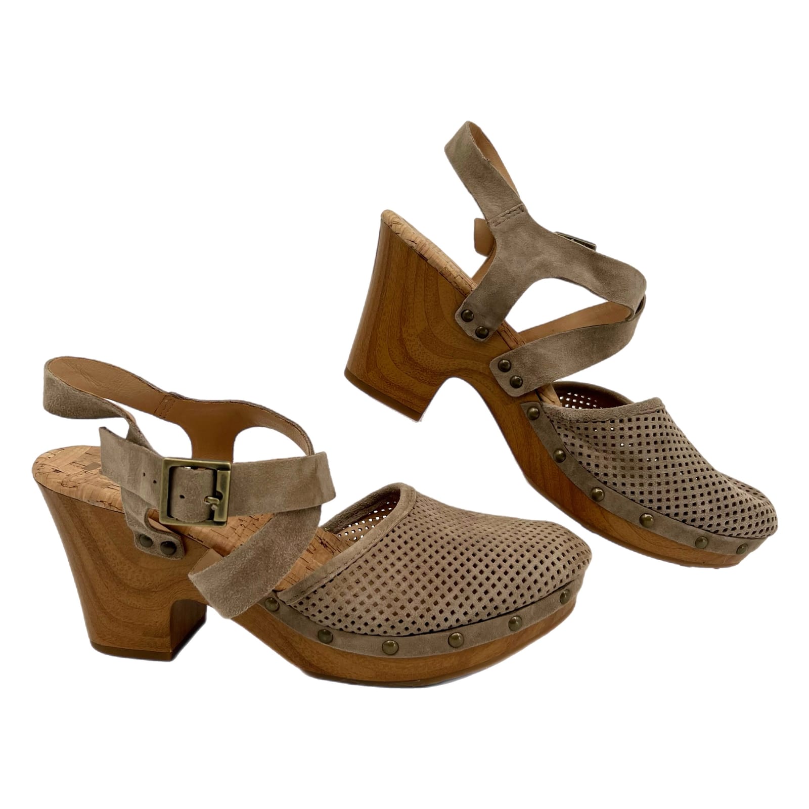 Kork-Ease Taupe Chunky Heel Perforated Mules