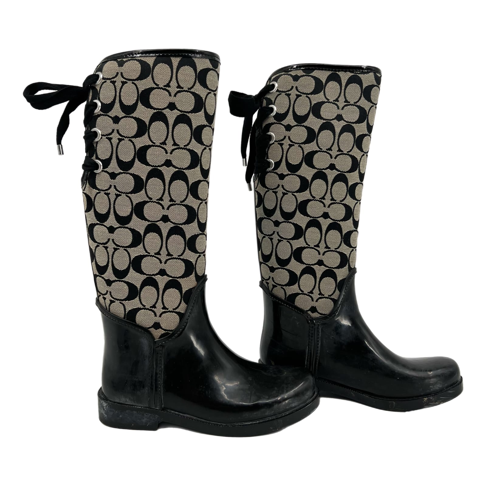 Coach Beige Black Tristee Logo Print Lace Up Rain Boots
