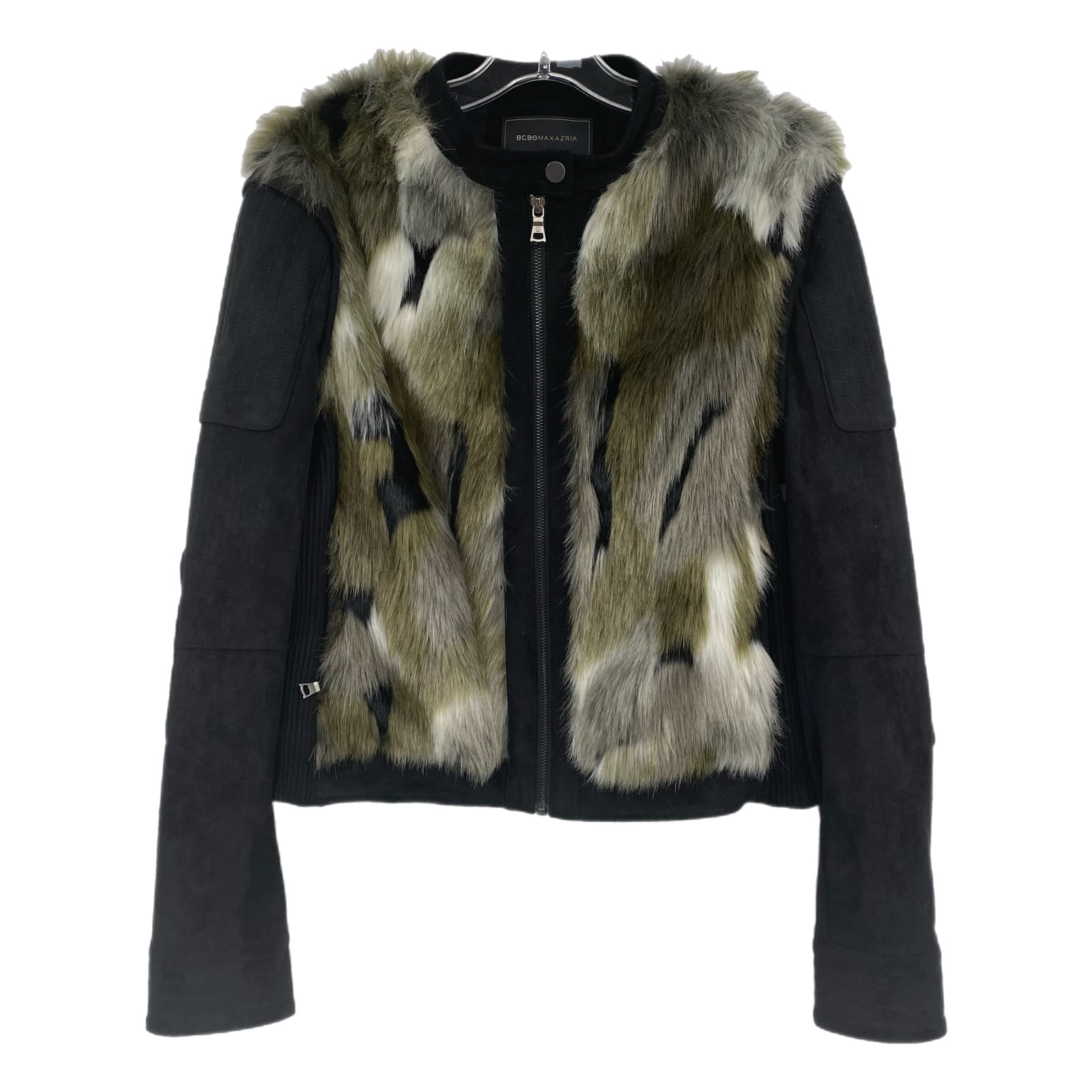 BCBGMaxAzria Black Green Faux Fur Jacket