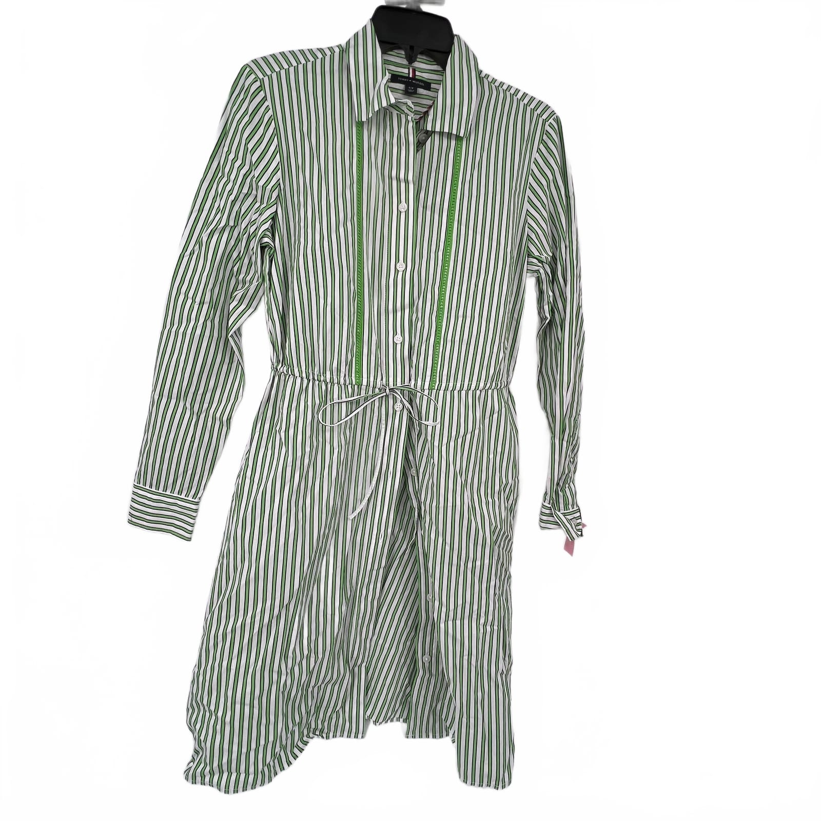 Tommy Hilfiger White/Green Striped Midi Shirt Dress