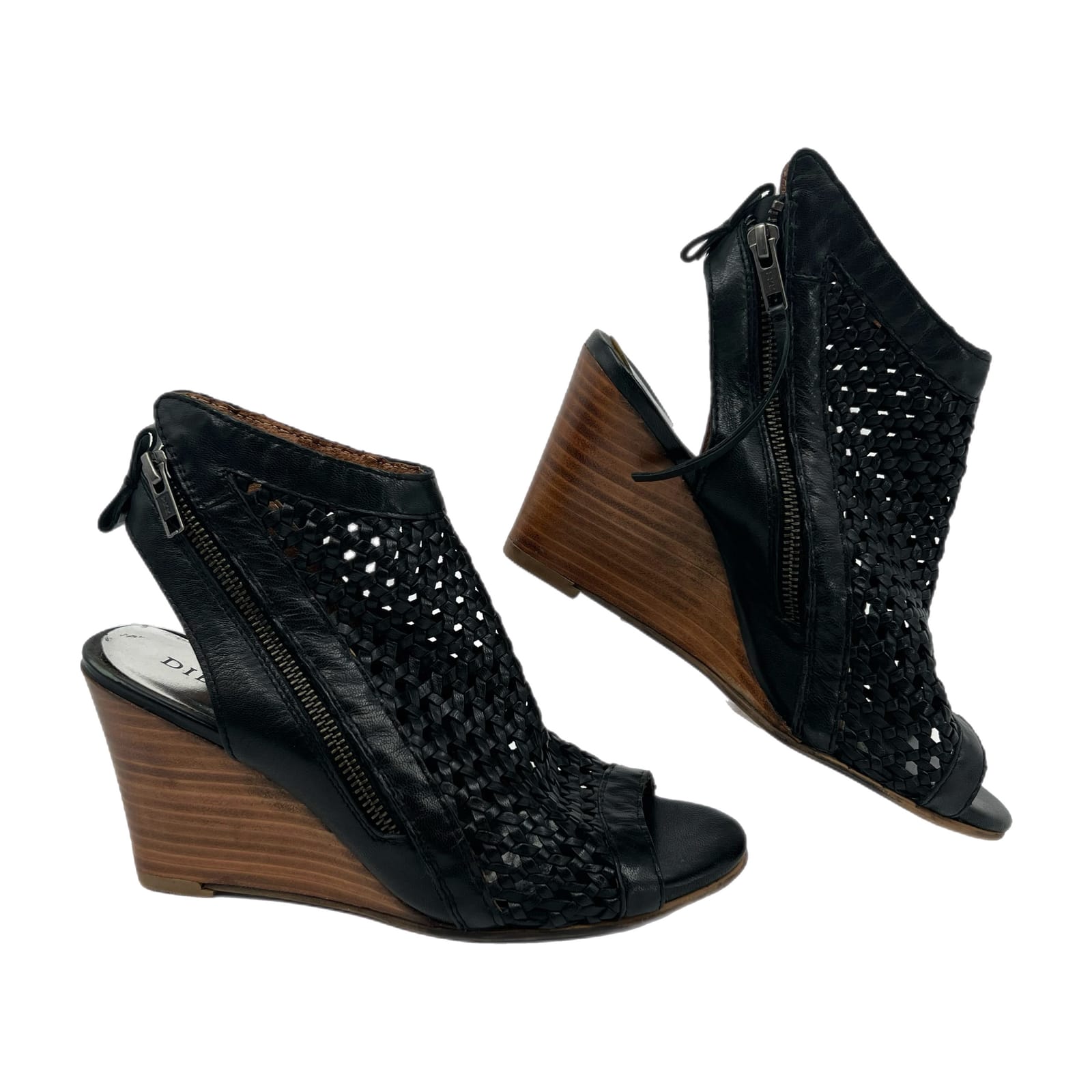 Diba Black Zipper Accent Peep Toe Wedges