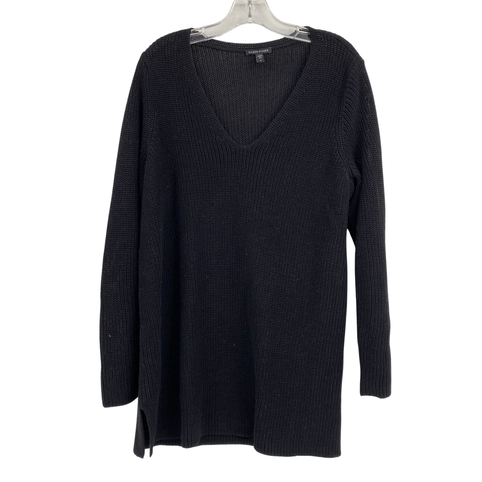 Eileen Fisher Black Cotton Linen V-Neck Sweater