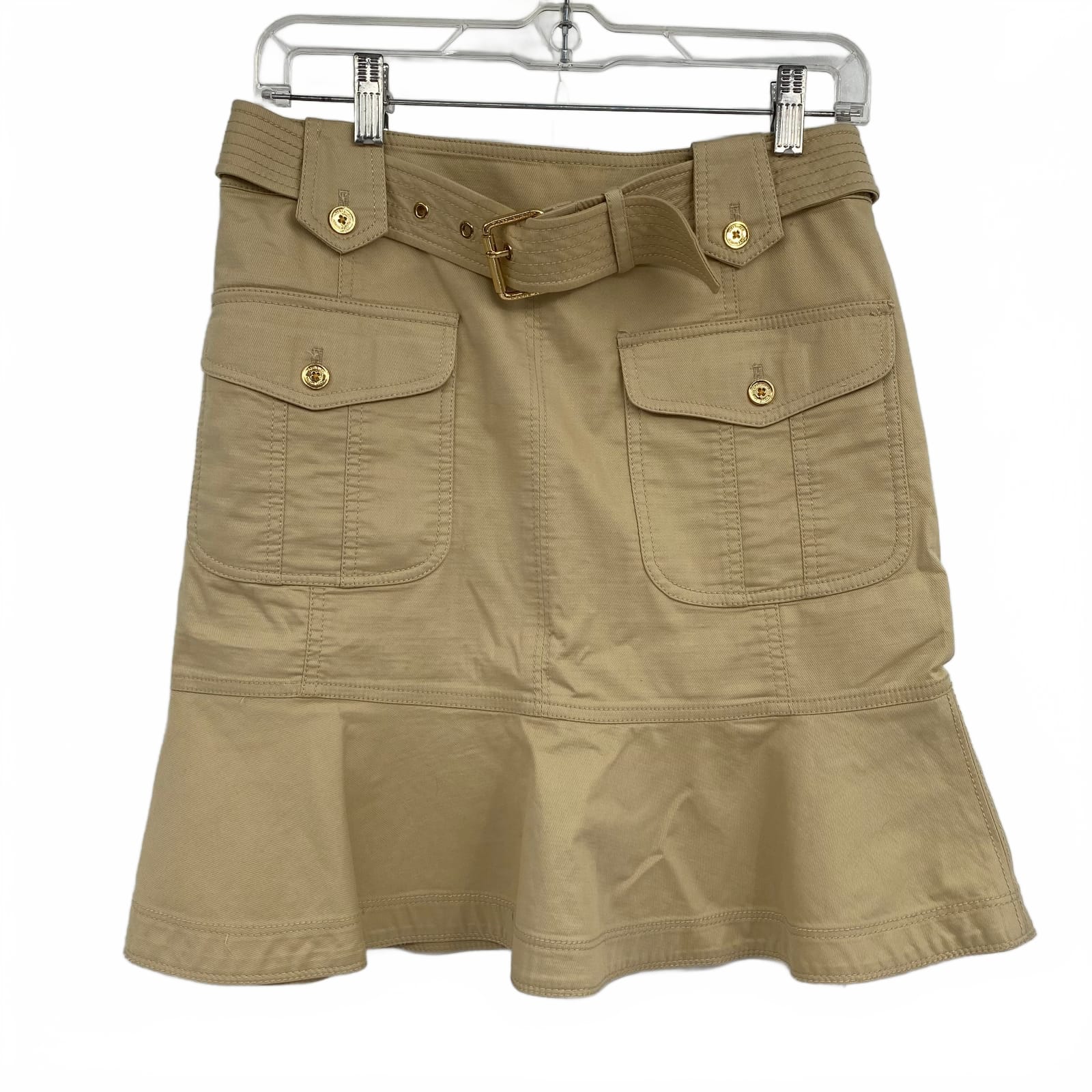 Tory Burch Tan Cotton Blend Midi Belted A-Line Skirt