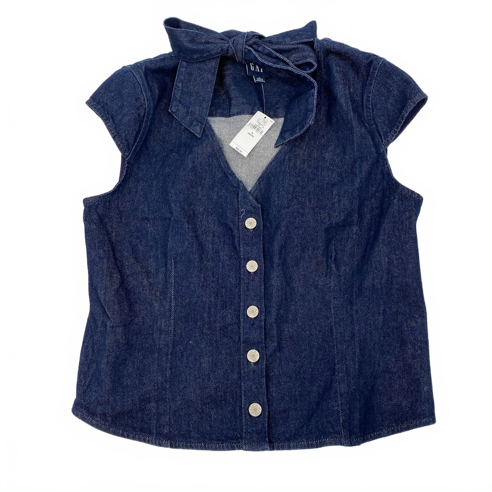 GAP Blue Dark Wash Denim Button-Up Tie Neck Top