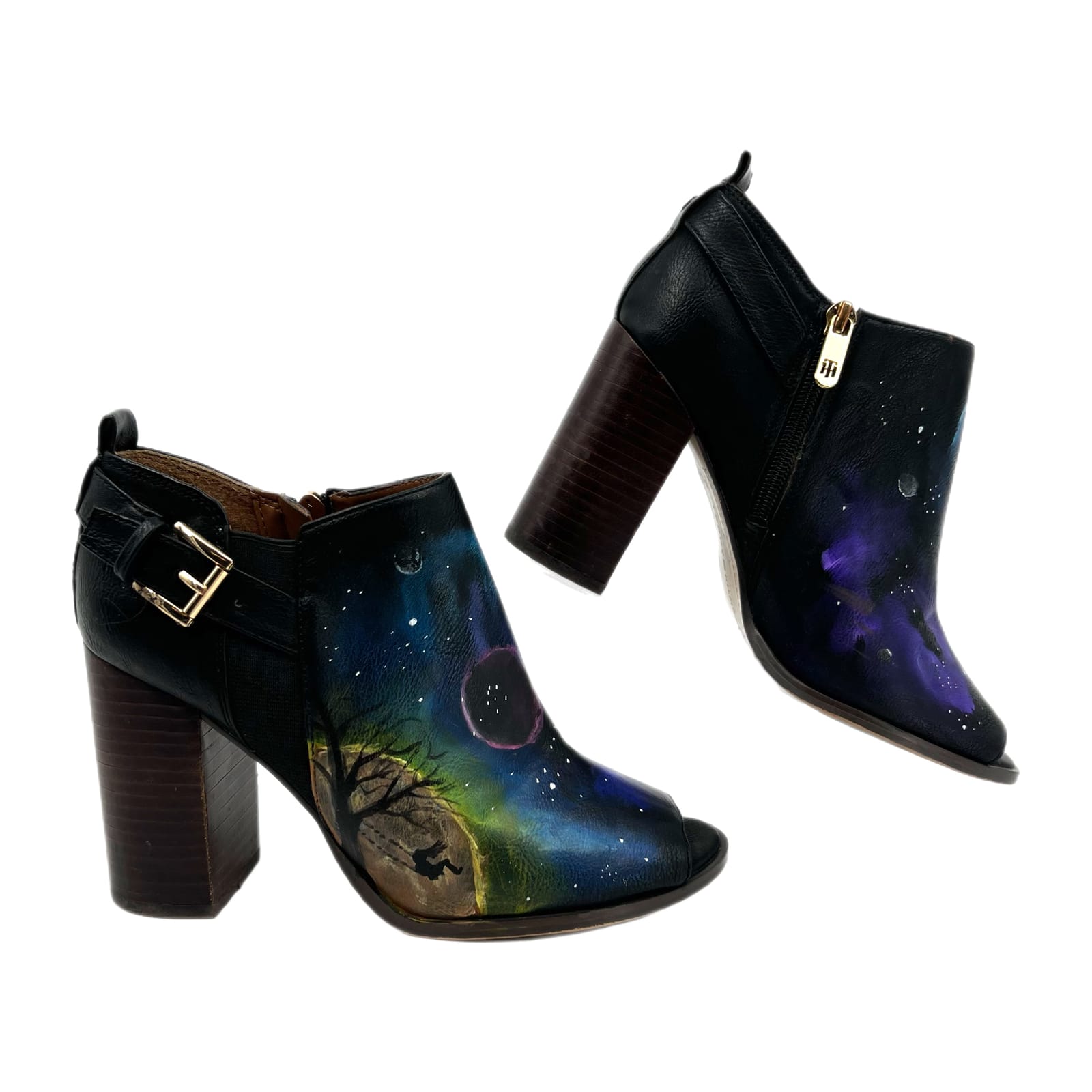 Tommy Hilfiger Black/Purple Hand-painted Peep Toe Booties