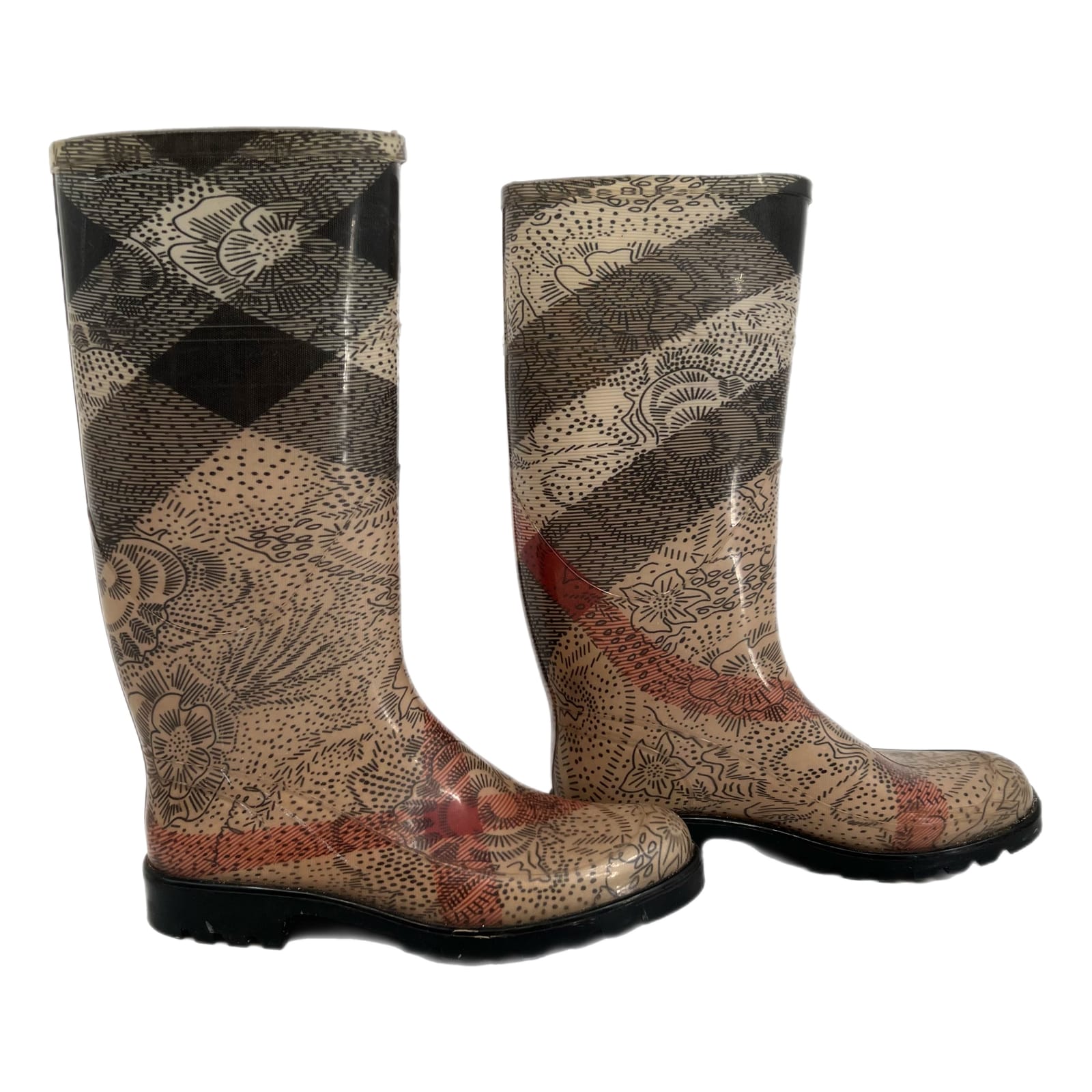 Burberry Beige Gray Floral Plaid Rain Boots