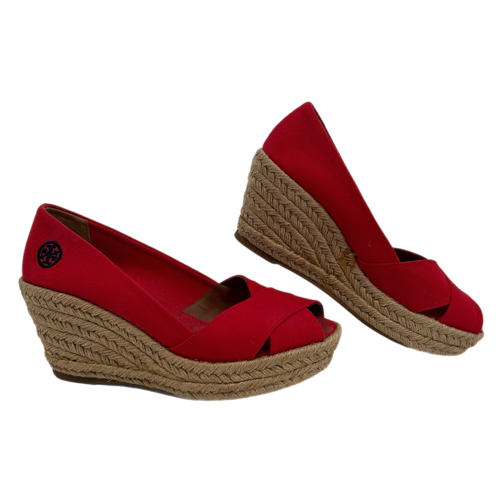 Tory Burch Red Peep Toe Woven Sole Wedges