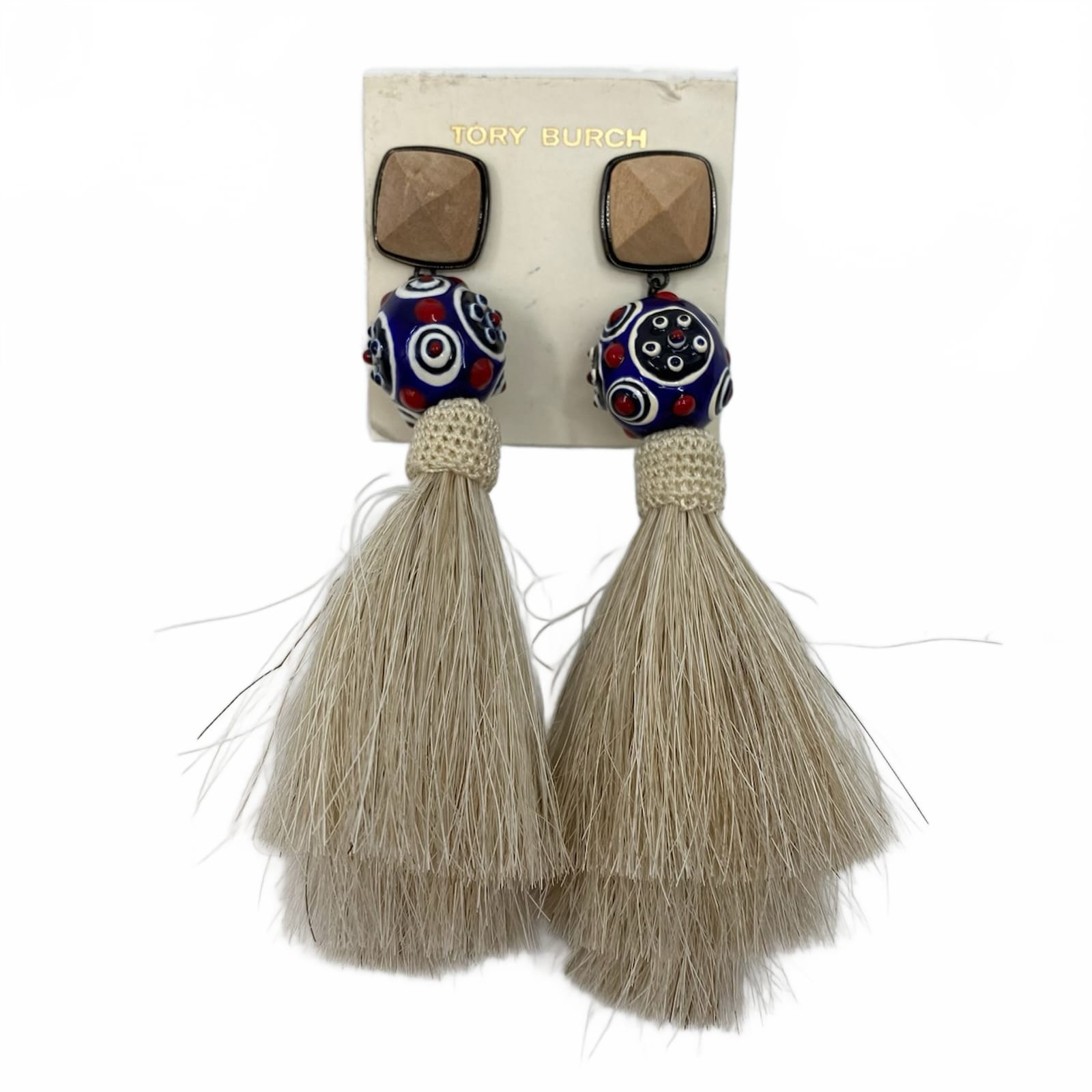 Tory Burch Beige Blue Beaded Silk Tassel Clip-On Earrings