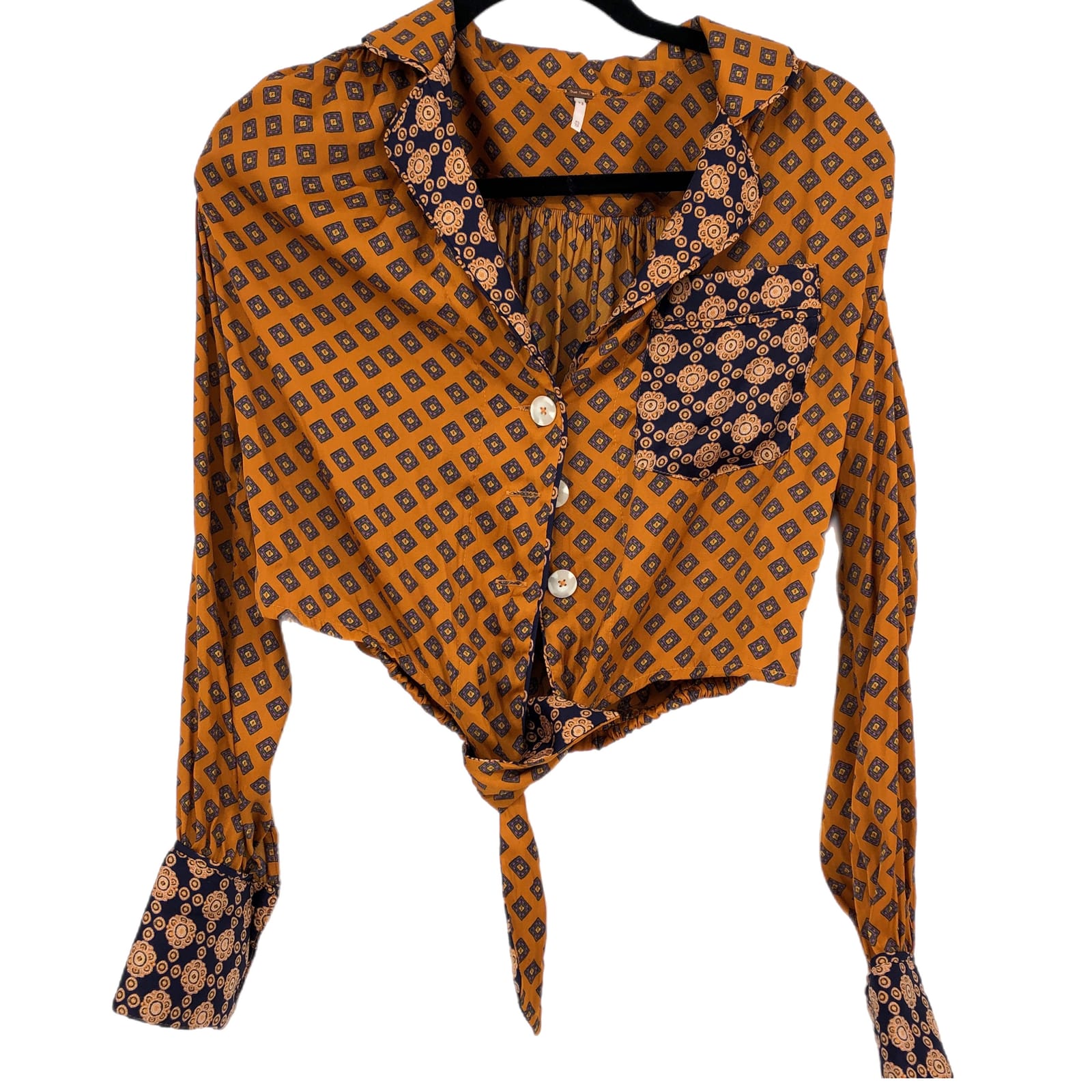 Free People Orange/Blue V-Neck Cropped Blouse