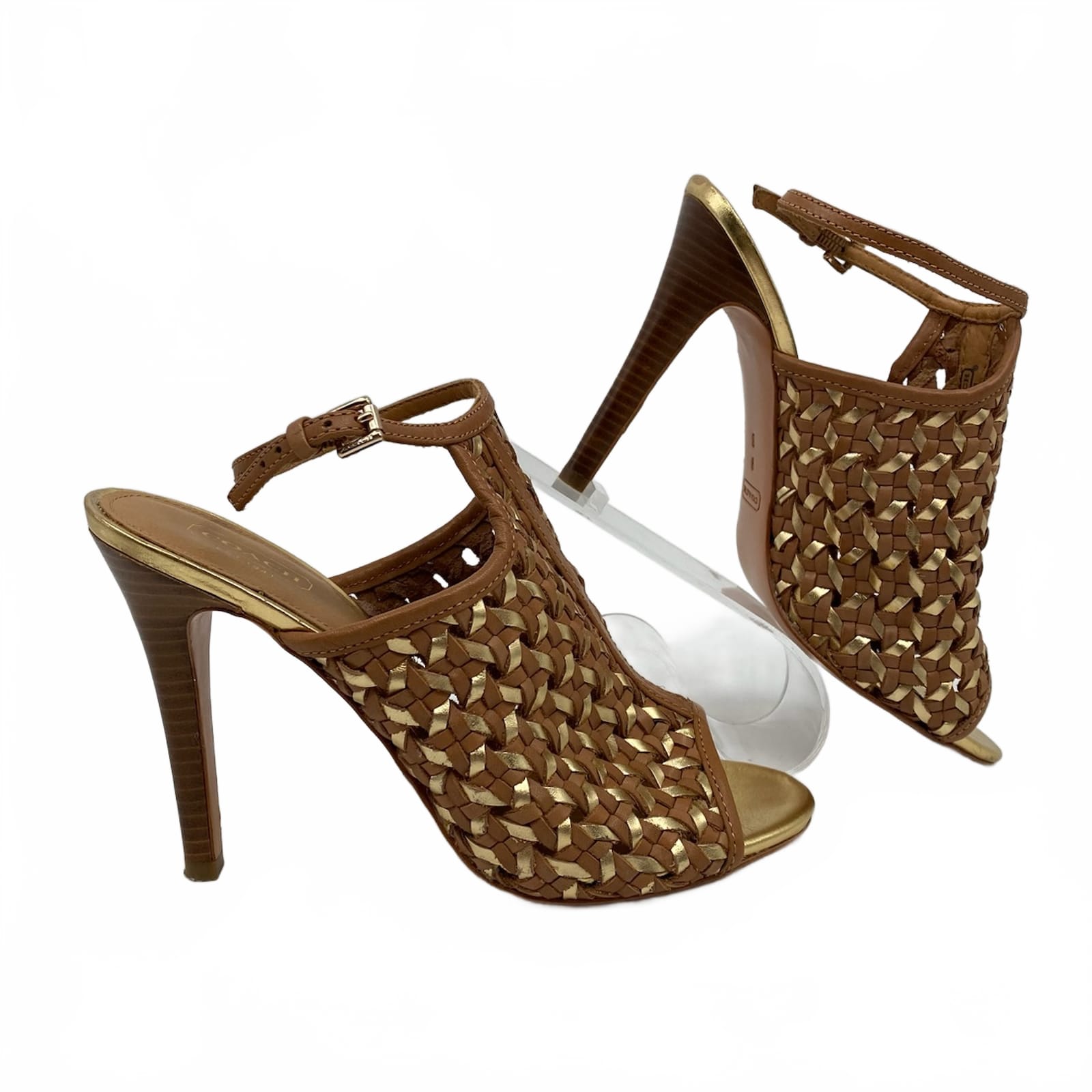 Coach Gold Brown Woven Leather Peep Toe Heels