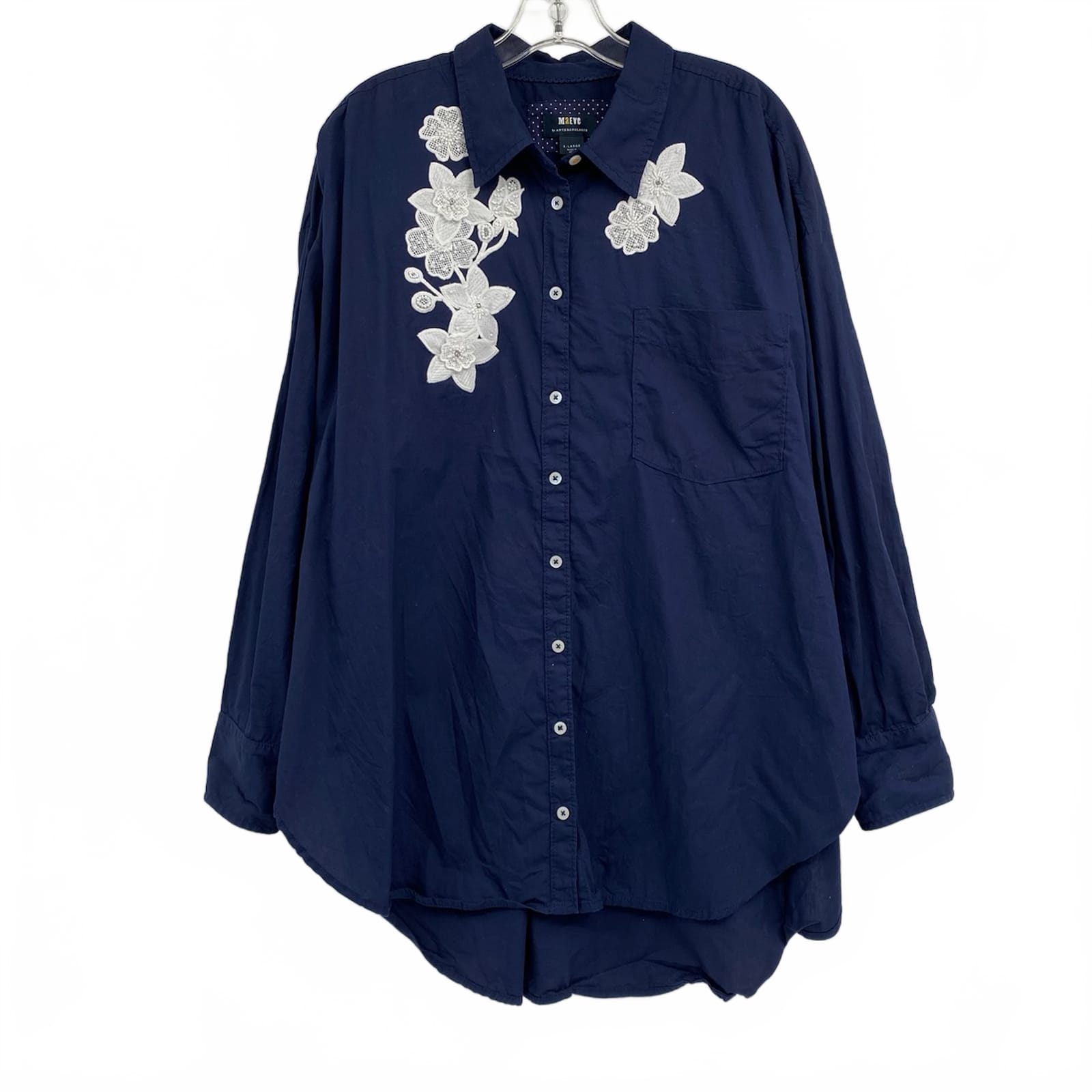Maeve Navy White Beaded Embroidered Button-Up Shirt